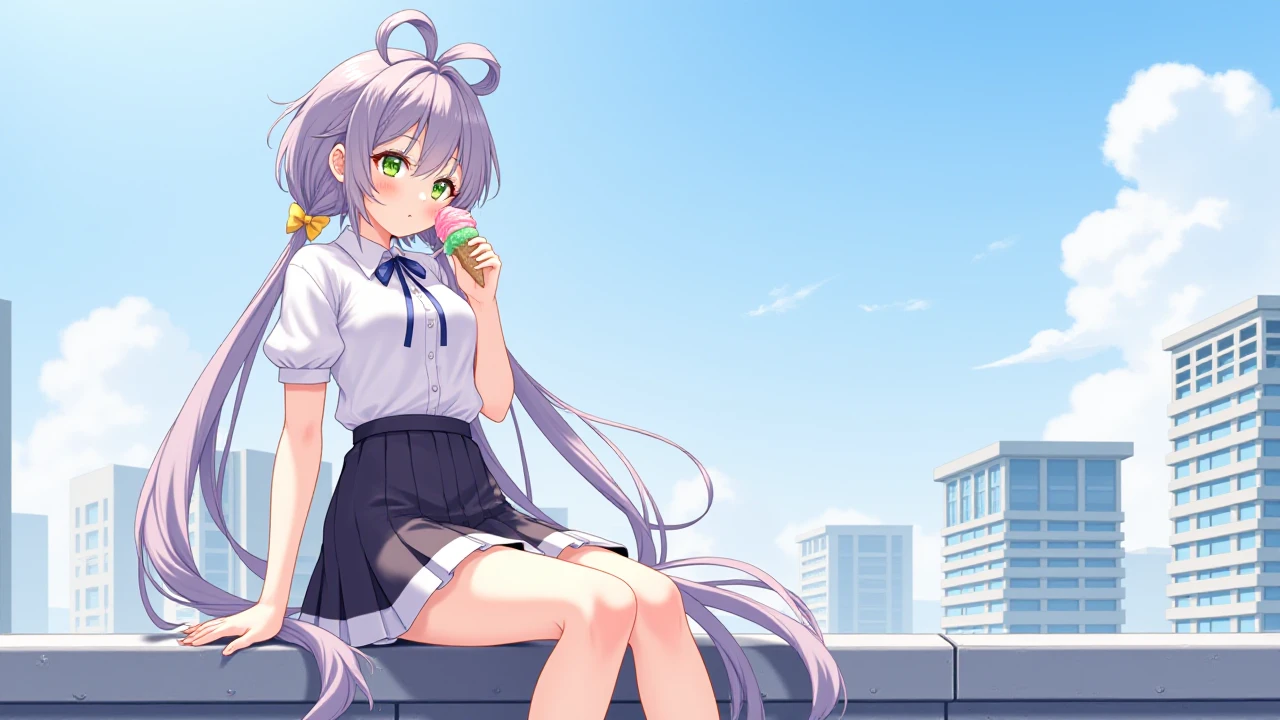 an anime girl,best quality,full body,ice cream,Sitting on the rooftop of a skyscraper,cute shirt,middle breast,skirt