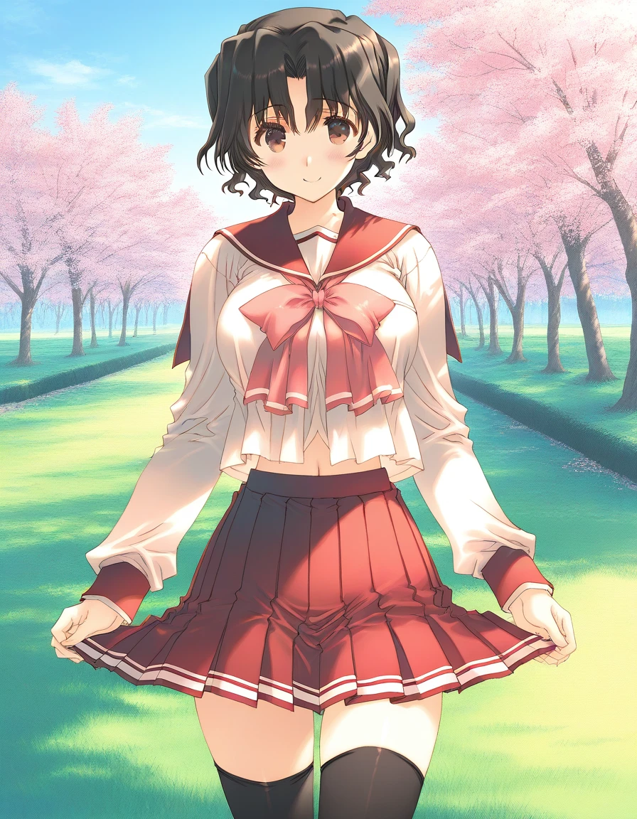 general,highres, ultra-detailed,very aesthetic,best quality ,best hands, BREAK <lora:Yuzuhara_Haruka_IS:1>Yuzuhara_Haruka, 1girl,solo, short hair, black hair, brown eyes, wavy hair, large breasts, mitsumi misato style,
solo, school uniform, thighhighs, skirt, serafuku, smile, long sleeves, red skirt, looking at viewer, pleated skirt, brown hair, bow, cowboy shot, shirt, closed mouth, blush, bangs, standing, navel, parted bangs, miniskirt,
grass, day, sky,