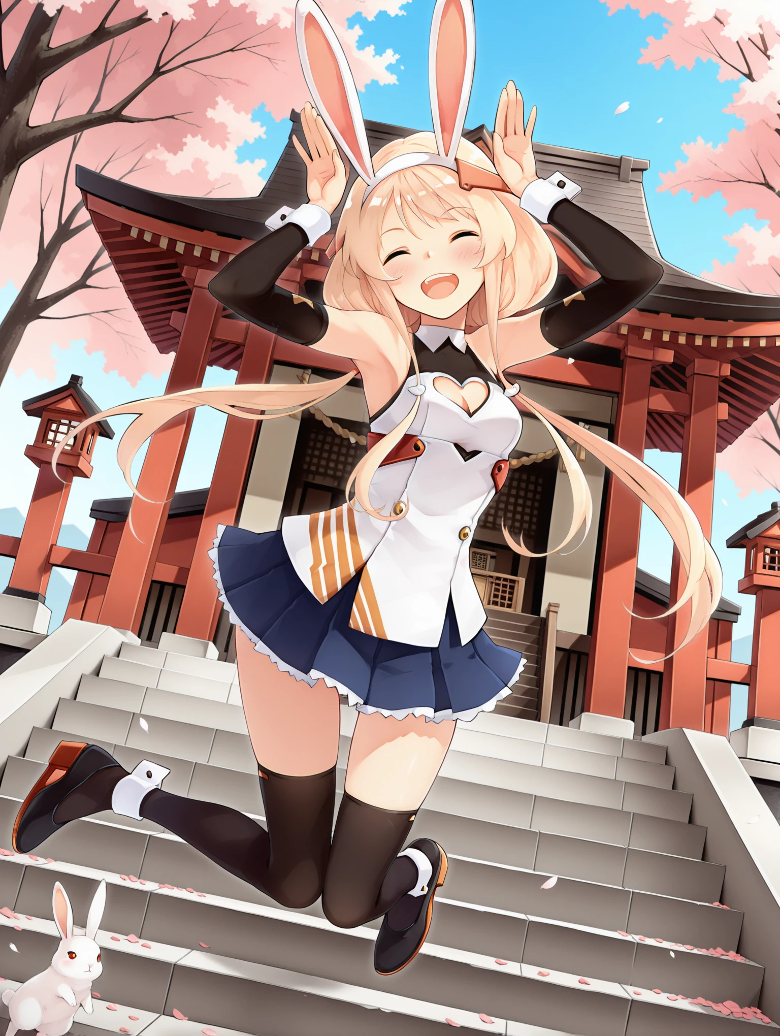 masterpiece,best quality,amazing quality,
solo,1girl,
<lora:bensen_ilxl_v1.1:1>,bensen,rabbit ears,blonde hair,hairband,low twintails,b_clothes,heart cutout,wrist cuffs,detached sleeves,blue skirt,black thighhighs,miniskirt,black footwear,
<lora:Fixhands_anime_bdsqlsz_V1:1>,open mouth,animal,:d,blush,japanese style,stairs,shrine,cherry tree,petal,white rabbit,arm_above_head,rabbit pose,jumping,closed eyes,laughing,dynamic_angle,cinematic_angle,