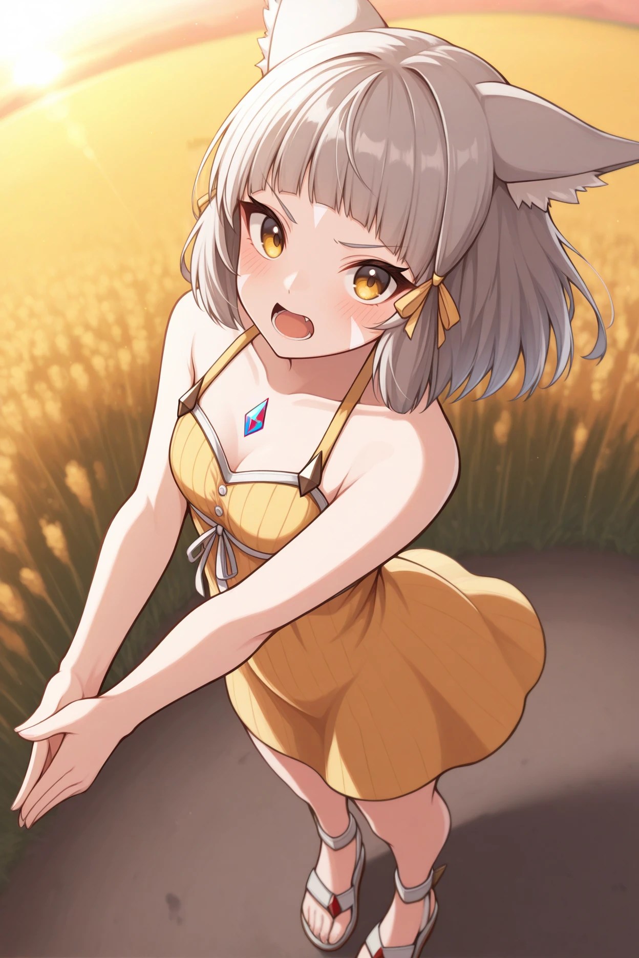 masterpiece, best quality, 1girl, solo, <lora:nia-illu-nvwls-v1_1-000006:1> xc2N1a, cat ears, grey hair, short hair, blunt bangs, facial mark, hair ribbon, chest jewel, yellow sundress, short dress, own hands together, sunset, field, looking at viewer, blush, open mouth, sandals, from above, standing