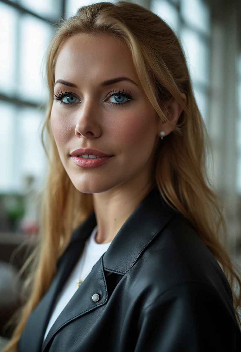 the image is a high-quality professional  close-up photograph of  beautiful kennedysummers. She is wearing jacket. She is looking directly at the viewer and smiling. The background is laboratory. This photo is a headshot. Shot with small amount of film grain. This is a SFW image. 