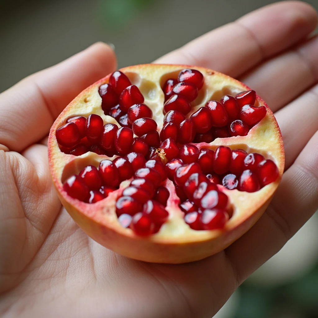 Pomegranate, a high-resolution photo of a close-up of a halved pomegranate resting on an open palm. The pomegranate is in the center of the frame, with the juicy ruby-red seeds clearly visible. The person has very fair skin and gently holds the fruit in one hand, emphasizing the natural beauty and freshness of the fruit. Focusing attention on the pomegranate and the hand enhances the vividness of the pomegranate's bright colors. The smooth and shiny texture of the seeds contrasts with the rough, slightly bumpy exterior of the fruit. The hand is decorated with beautiful nails, adding a touch of simplicity and natural elegance to the image composition. The overall mood of the photo is serene and intimate, highlighting the beauty and simplicity of the subject.