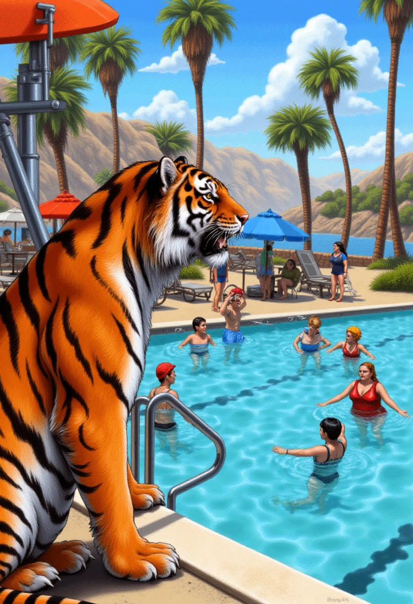 <lora:Sierra_Adventure_Games_VGA_Style_FLUX-Caption:0.9>
The image is a highly detailed, dramatic, and vividly colored drawing depicting  A tiger as a lifeguard watching over a busy pool.