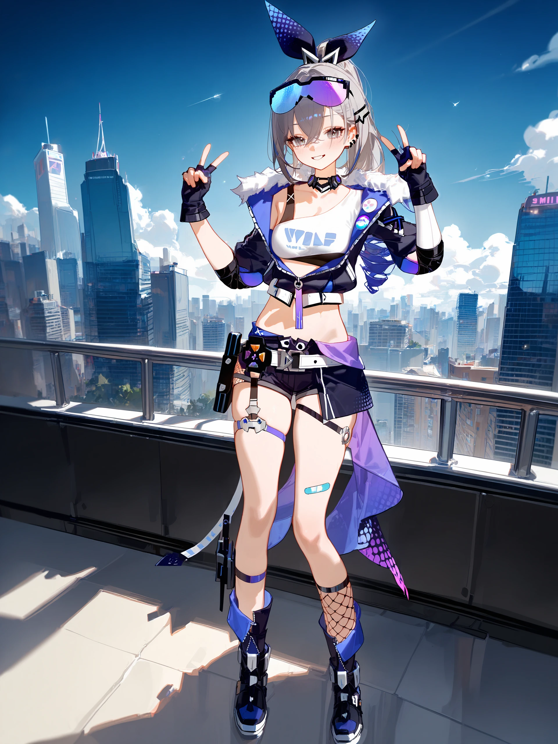 1girl, silver wolf \(honkai: star rail\), cropped jacket, fingerless gloves, black shorts, eyewear on head, sunglasses, single fishnet sock, fold-over boots, thigh strap, hair ribbon, hairclip, crop top, choker, drill ponytail, standing, grin, smiling, double v, full body, cityscape, depth of field <lora:Char-HonkaiSR-SilverWolf-V4-SDXL:0.9>, illustration, incredibly absurdres, ultra detailed, masterpiece, best quality, perfect features, intricate details, ray tracing, very aesthetic, (hitenkei, askzy:0.4), [<lora:XL-detailed_notrigger:0.95>::0.5], [:<lora:XL-aesthetic_anime:1.2>:0.5],