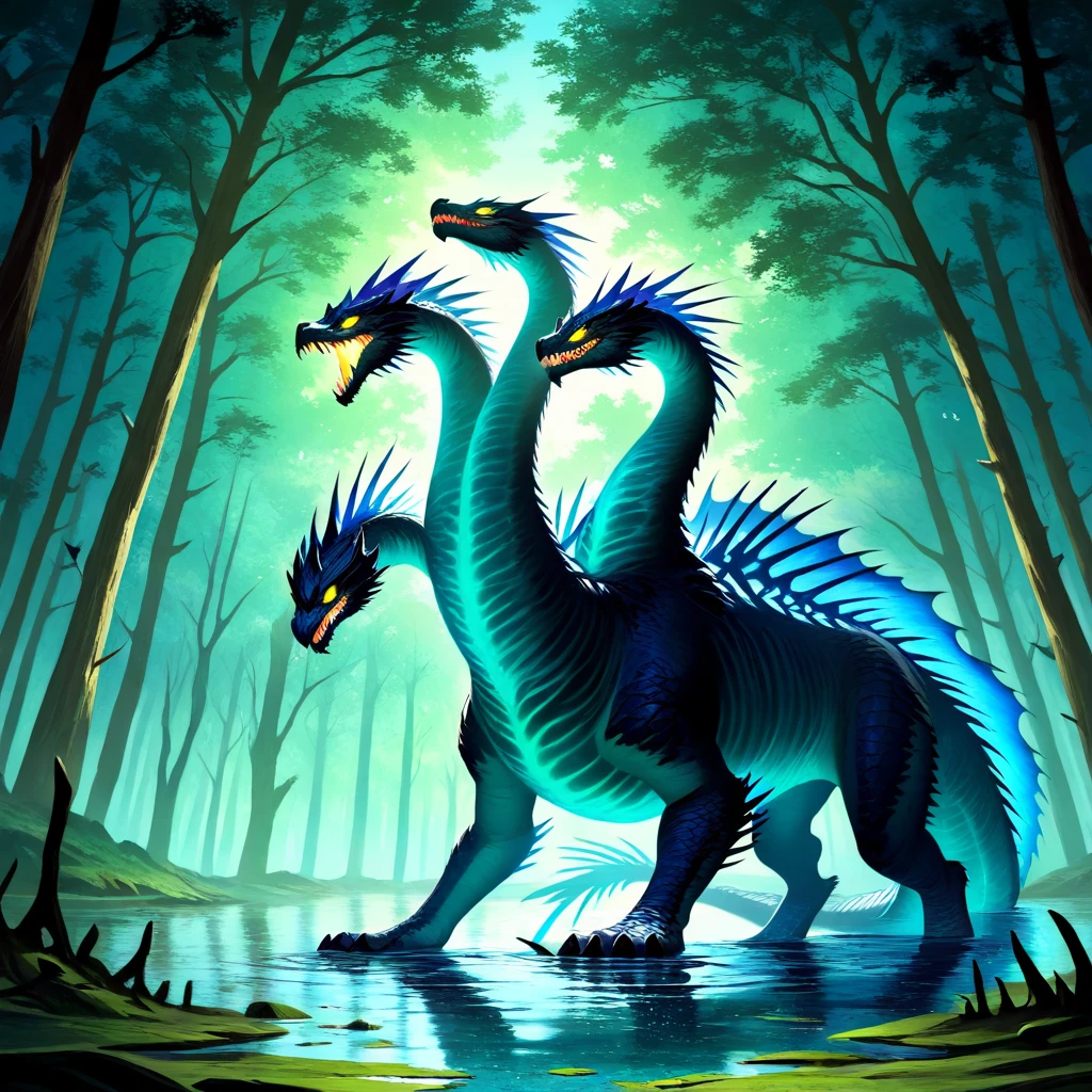 Role-playing game (RPG) style fantasy  <lora:Hydras-xillustrious:1> hydrax , anime artwork, ultra detailed textures, masterpiece, ultra defined colors, 8k, cinematic, hydra creature, multiple heads, brontosaurus-like body, four legged creature, heads connected to shoulders, multi-headed serpentine dragon beast, dark moss-covered scales, glowing yellow eyes, ancient swamp, twisted trees, bioluminescent fungi, murky water, soft mist, twilight lighting, cool green and blue tones, low-angle shot, dynamic reflections in water, eerie fantasy atmosphere
 . Detailed, vibrant, immersive, reminiscent of high fantasy RPG games