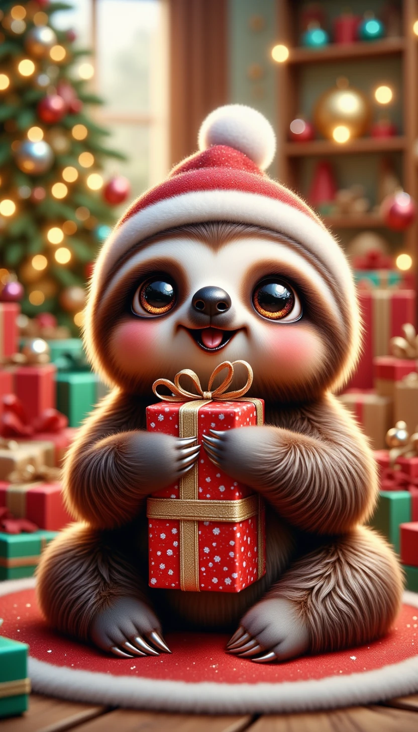 pinkchibichristmas, 

A cheerful sloth holding a wrapped gift, sitting by a pile of presents.