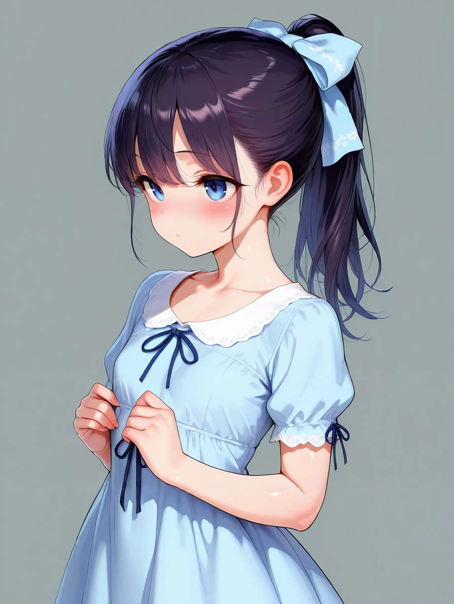 masterpiece,amazing quality,best quality,ultra-detailed,8K,illustration,CG,shiny hair,clear skin,ultra-detailed-eyes,simple background,cute girl, eyelashes,ponytail <lora:hair ribbon_illustrious_V1.0:1> hair ribbon,dress,petite girl