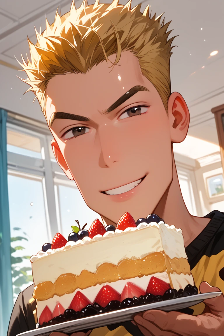 score_9, score_8_up, score_7_up, source_anime, rating_questionable, realistic shading, natural lighting, looking at viewer, expressive face, yasuocsc, blonde_yasuocsc_male hair, black_yasuocsc_eyes, 1boy, cute theme, holding a cake, male focus, happy, wide smile, shiny skin, shirt, indoors living room, dynamic angle, intricately detailed illustration, depth of field, atmospheric perspective, masterpiece, best quality, amazing quality, very aesthetic, absurdres, newest, anime screencap