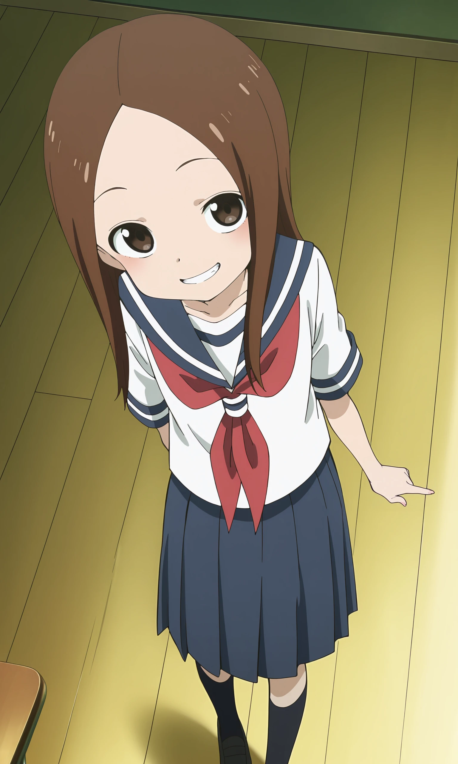 anime coloring, anime screencap, masterpiece, best quality, amazing quality, detailed face,
inside a classroom,
 <lora:Takagi_Karakai_Jouzu_no_Takagi-san_-_Illustrious_r1:1>1girl, takagi-san, long hair, brown hair, brown eyes,
Takagi school uniform outfit, school uniform, serafuku, blue pleated skirt, white shirt, sailor collar, short sleeves, red neckerchief, socks, shoes
view from above, girl looking at the viewer, a smug grin, an amused girl, smiling girl