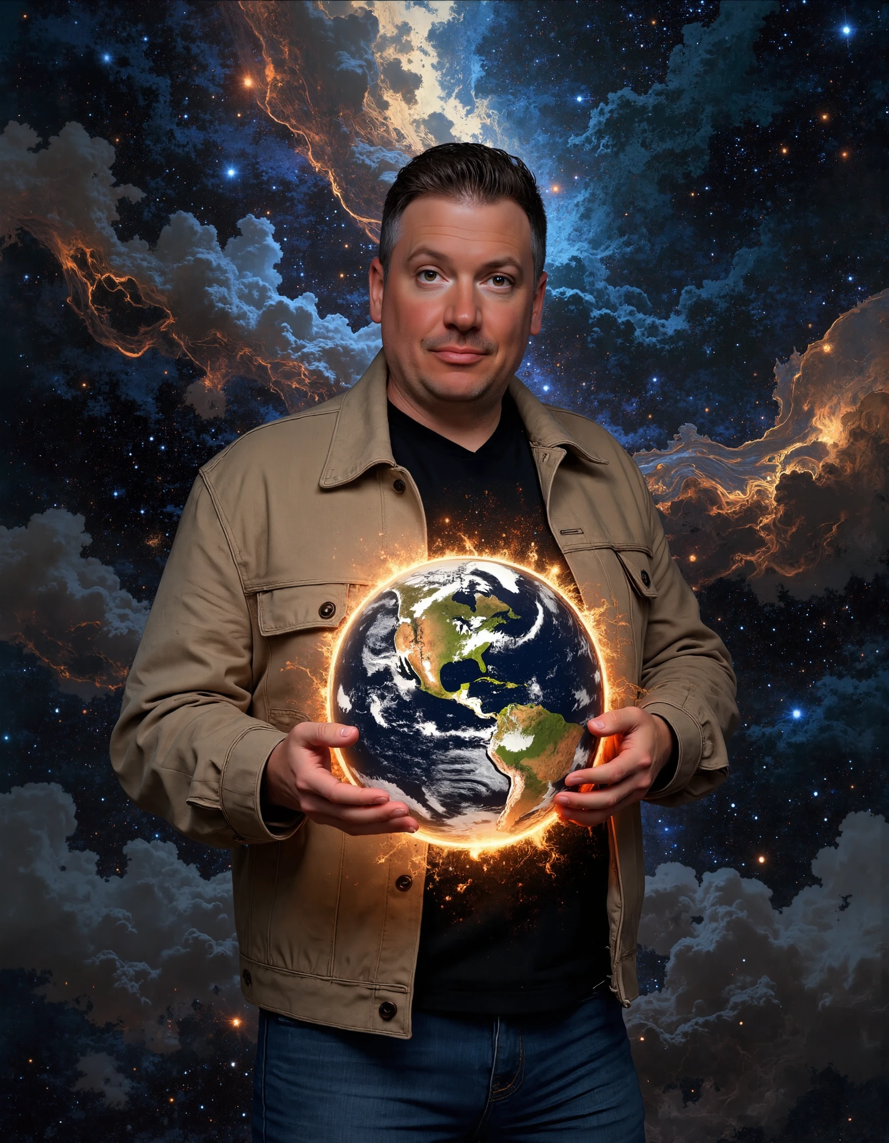 A stunning and surreal scene featuring comedian Dave Landau wearing casual clothes: a khaki jacket, black shirt, and blue jeans. He floats in the vast expanse of galactic space, surrounded by swirling nebulae and glowing stars. (His arms are stretched forward as he holds a massive, glowing Earth sphere in his hands:1.2), symbolizing his immense power and god-like presence. His eyes radiate with a celestial glow, projecting omnipotence and unmatched cosmic energy. Ethereal light emanates from his figure, creating a breathtaking aura of divine strength. The scene is majestic, with the Earth sphere glowing vibrantly, casting reflections onto Dave’s form, as he exudes an awe-inspiring cosmic majesty.