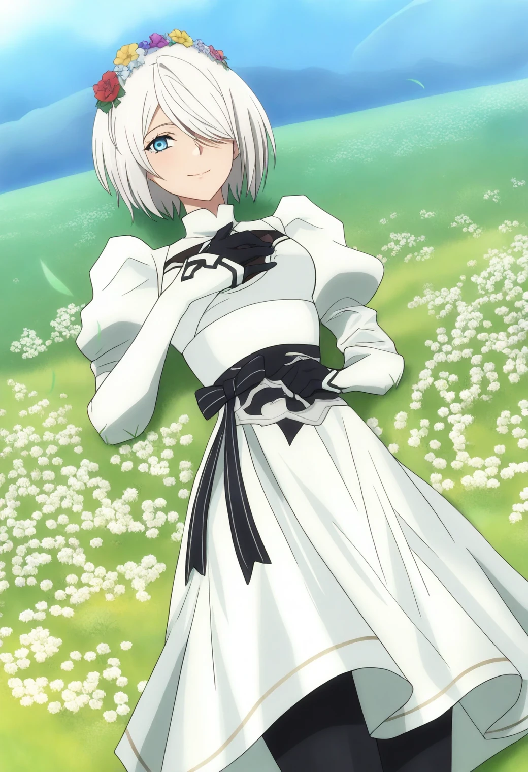 <lora:2B (YoRHa 2-gou B-gata) - [NieR - Automata Ver1.1a] - illustriousXL v1:1>, sysdeep_2b, style parody, white hair, blue eyes, solo, floral crown, meadow, lying in grass, dreamy smile