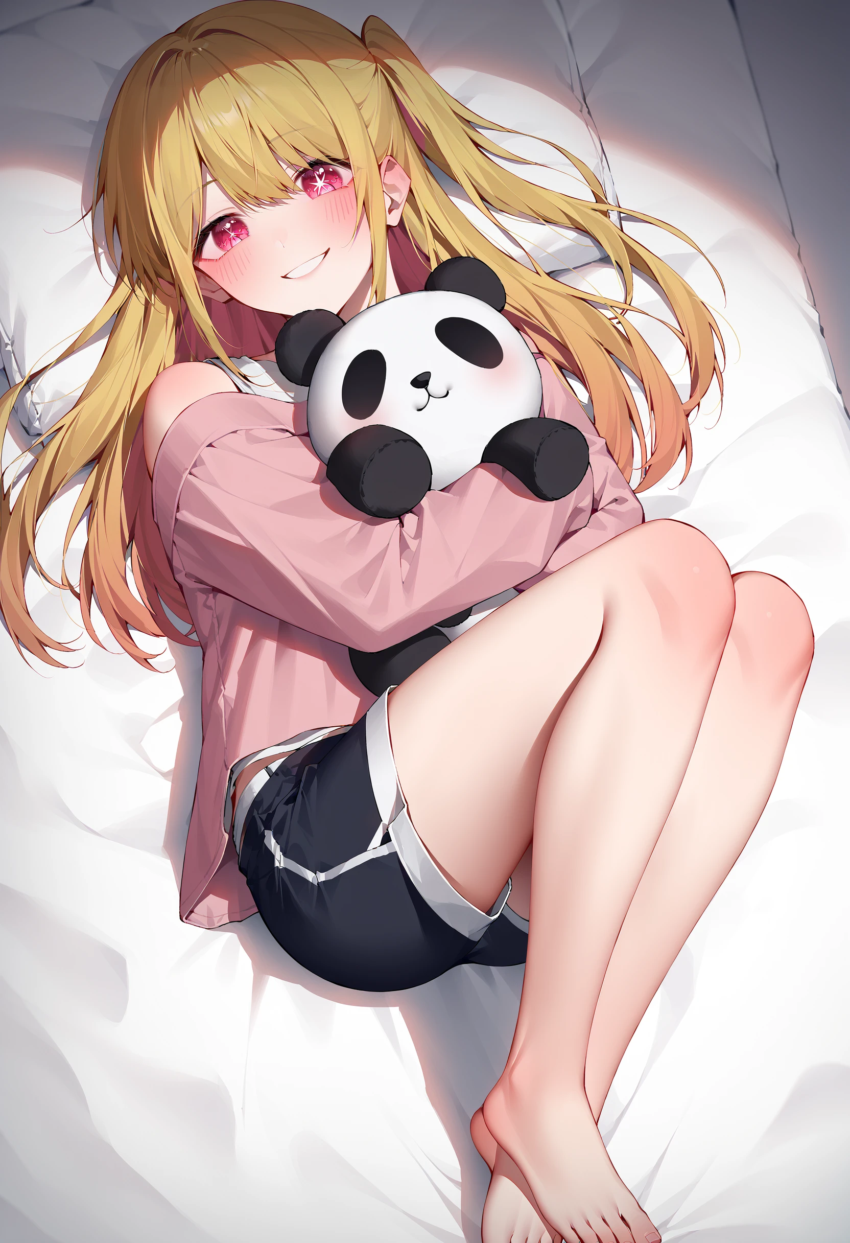 score_9, score_8_up, score_7_up, 1girl, solo, ruby hoshino, long hair, bangs, blonde hair, pink eyes, sidelocks, symbol-shaped pupils, multicolored hair, two-tone hair, smile, blush, lying, hugging, panda, stuffed panda, on bed, side angle, barefoot, pink sleeves, shirt, shorts <lora:hugging_panda:1>  <lora:brj-ruby-pony-v0.5:1>