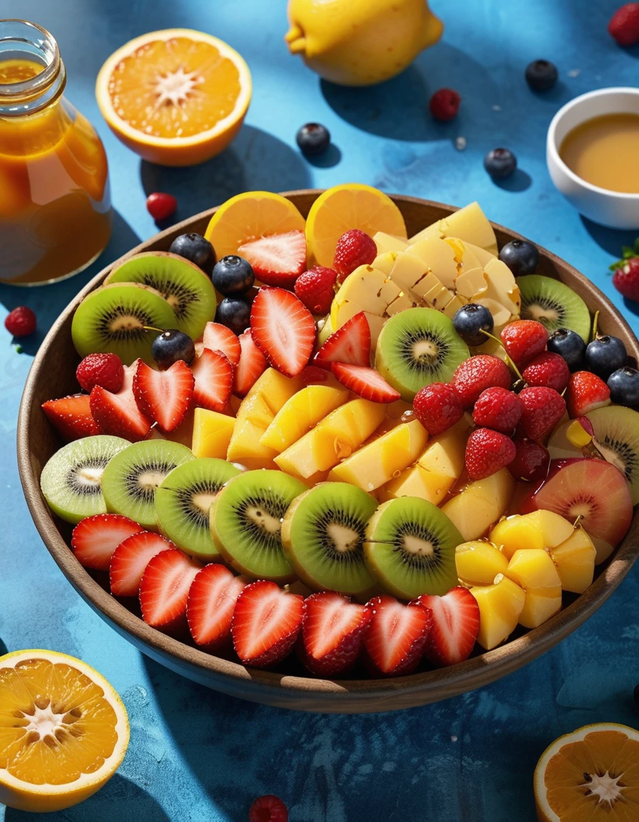 Fresh, vibrant fruit salad with a variety of colorful fruits and a drizzle of honey, high-quality, photorealistic, healthy, food, summer