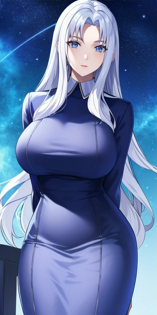 <lora:SyliaV8:0.7> sylia_stingray, huge_breasts, standing, solo, starry_sky, arms_behind_back, pencil_dress,, masterpiece, best_quality, detailed_face, detailed_eyes, highres, beautiful, detailed, absurdres,