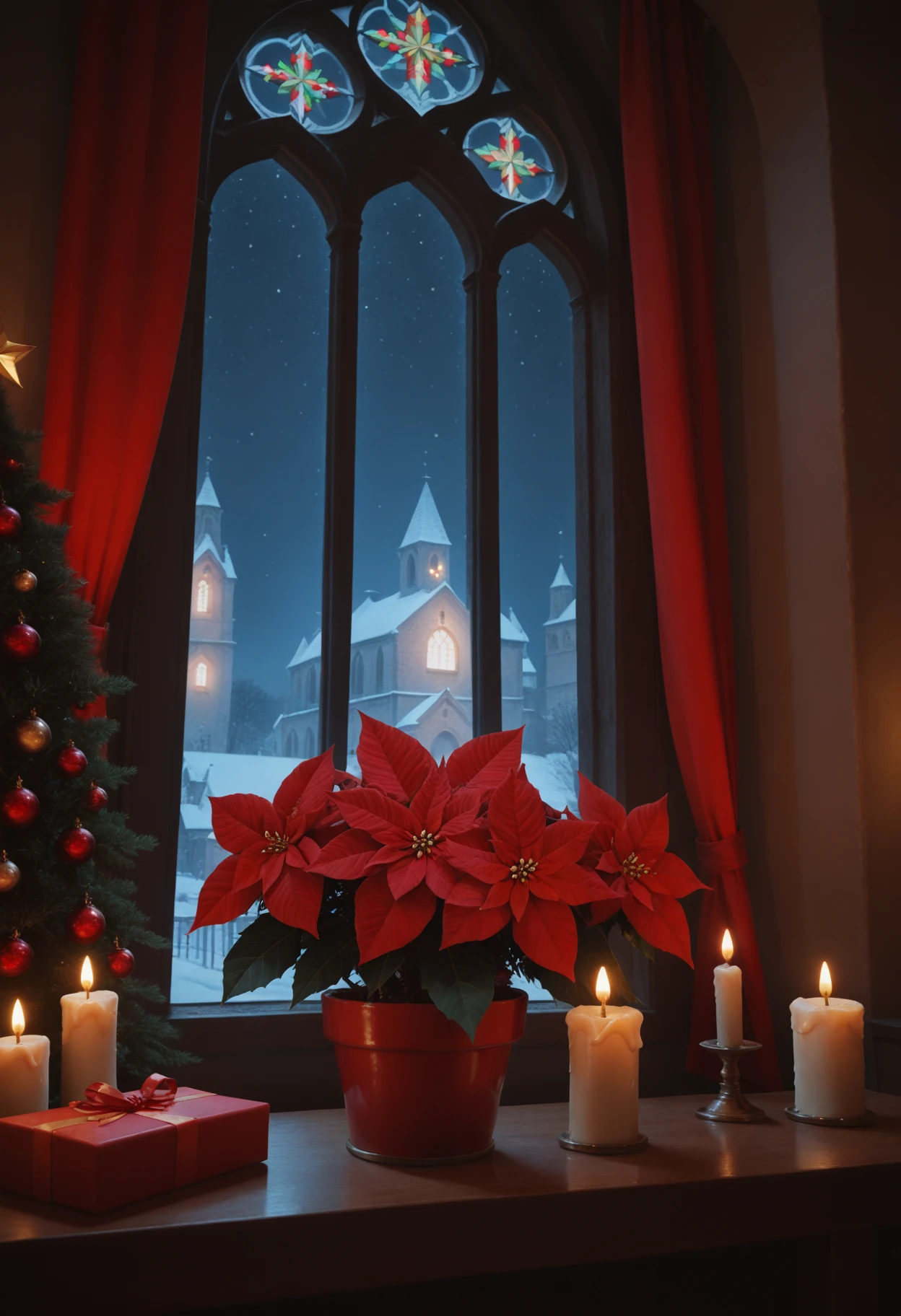 score_9, score_8_up, score_7_up, (rating_safe), scene, church, night, ((christmas tree)), candles, altar, windows, (red flower, poinsettia), window, curtains, winter, christmas, close up,  <lora:Poinsettia_Pony:0.5>