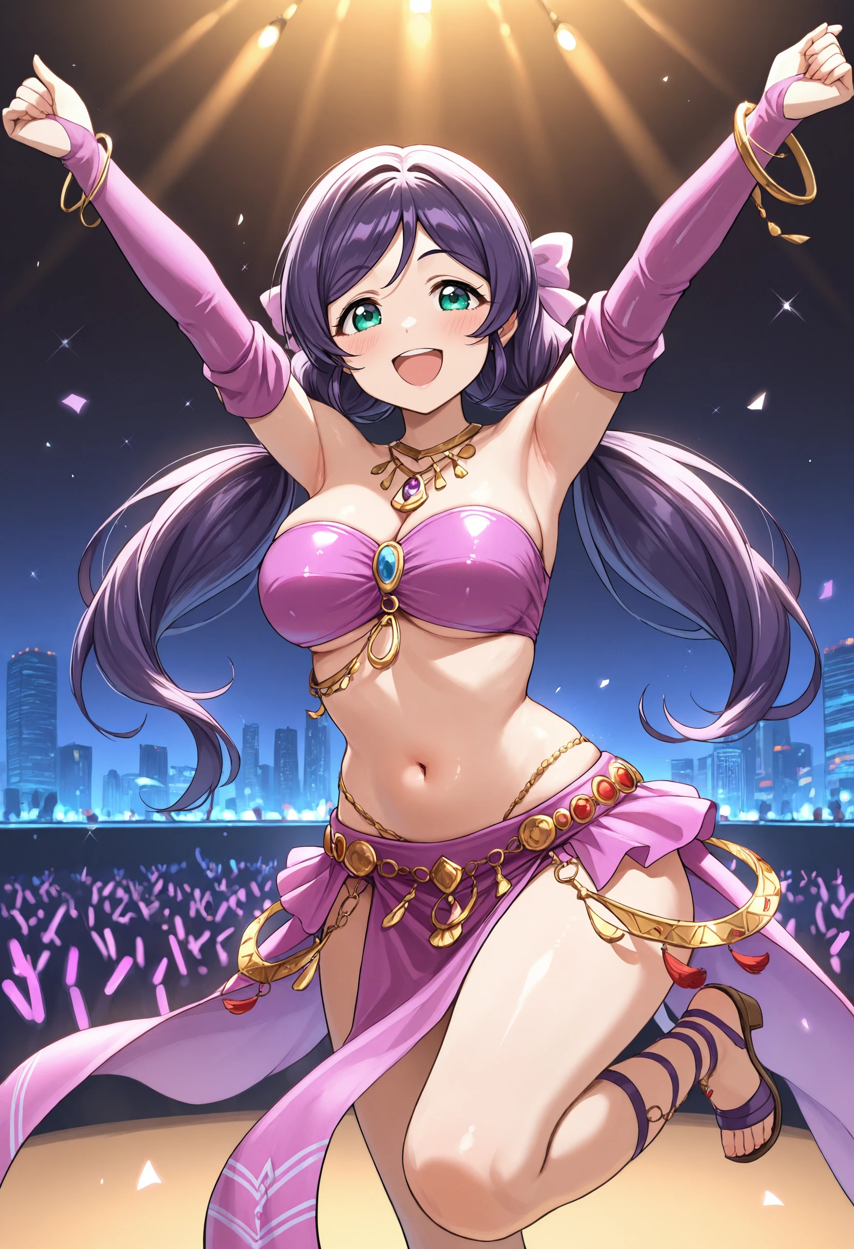 masterpiece, best quality,shiny clothes, arms out, arms up, excited, happy, open mouth,  <lora:Dancers_AttireIL:1> dncaf, bandeau, bridal gauntlets, pelvic curtain, purple bow, hair bow, jewelry, bare shoulders, navel, midriff, sandals, heeled footwear,  (purple clothing:1.5), urban, city, tojo nozomi, concert, dancing, standing on one leg, petite,