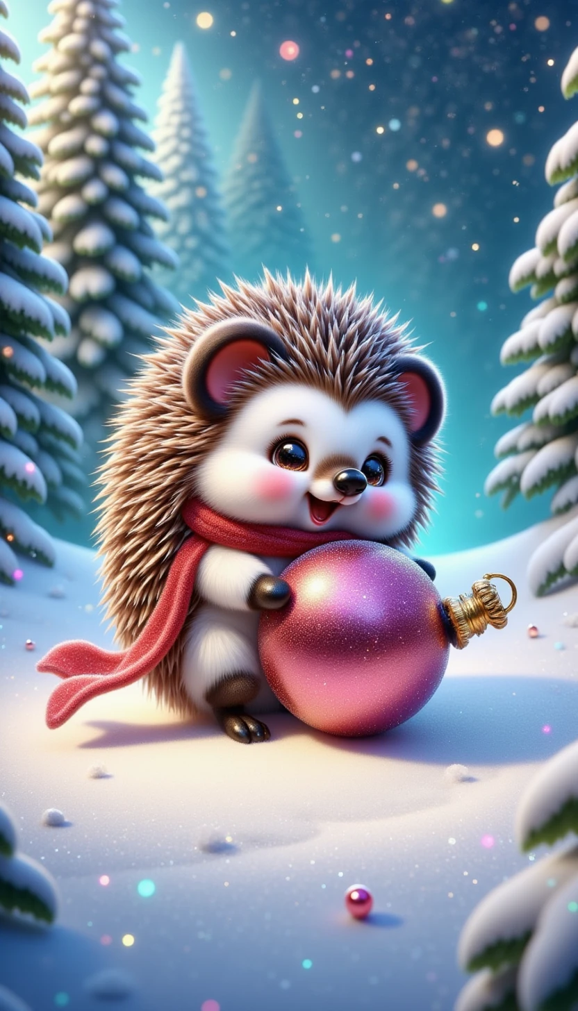 pinkchibichristmas, 

A hedgehog rolling a shiny ornament across the snow, wearing a scarf and mittens.