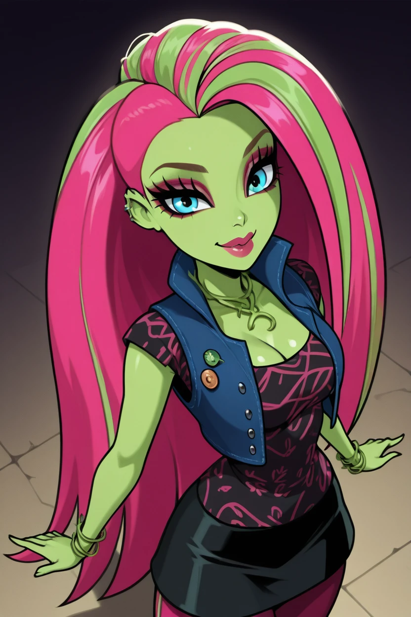 masterpiece, best quality, 1girl, solo,zzVenus, blue eyes, eyeshadow, big hair, green hair, multicolored hair, pink hair, long hair, streaked hair, green skin, open vest, black skirt, pants,   <lora:VenusMcflytrapMH_IXL_v2:1.0>, from above, dynamic pose, cowboy shot, smile, looking at viewer, shiny skin,