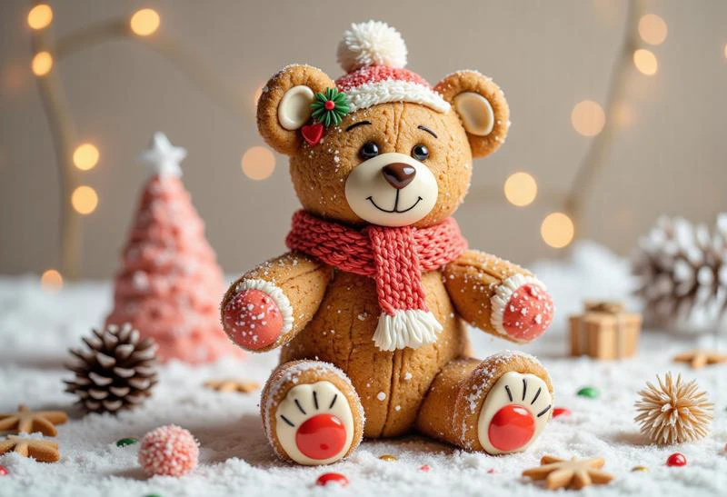 Teddy bear has a characteristic plush shape, with a rounded head, short paws and large ears. His body should be small to match the size of a gingerbread cookie. The main color of the bear is warm brown, reminiscent of the color of gingerbread dough. You can add lighter or darker shades to create texture and volume.. On the surface of the teddy bear, you can add small details such as glazed buttons, snowflakes or hearts to make it more festive and cute. The background can be simple, for example, with a light snow cover or twinkling lights to emphasize the festive atmosphere. Create a bright and attractive image of a gingerbread Christmas Teddy bear that will look appetizing and charming!