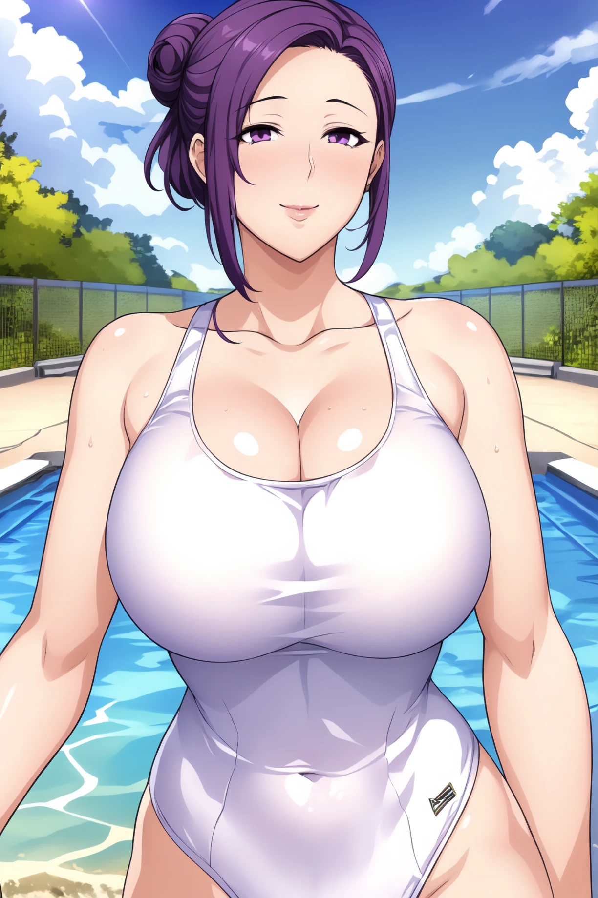 Pool, blue sky, 
dynamic pose,standing at attention,
White one-piece swimsuit, competition swimsuit, bare shoulders, bare arms, collarbone, cleavage, 
<lora:Misa_Hayakawa_AiueOkaWaon-KK77-V1:0.7>, Misa_Hayakawa_AiueOkaWaon, 
purple eyes, purple hair,bangs,short hair,Makeup, red lipstick, hair bun,
<lora:more_details:0.1>,<lora:NovelAI_YesMix5_KKStyle-KK77-Yes5-V1:0.3>,<lora:Oda_Non_Style2-KK77-Yes5-V1:0.3>,
1 girl, 20yo,Young female,Beautiful long legs,Beautiful body,
Beautiful Nose,Beautiful character design, perfect eyes, perfect face,expressive eyes,perfect balance,
looking at viewer,(Focus on her face),closed mouth, (innocent_big_eyes:1.0),(Light_Smile:0.3),
official art,extremely detailed CG unity 8k wallpaper, perfect lighting,Colorful, Bright_Front_face_Lighting,White skin,
(masterpiece:1.0),(best_quality:1.0), ultra high res,4K,ultra-detailed,
photography, 8K, HDR, highres, absurdres:1.2, Kodak portra 400, film grain, blurry background, bokeh:1.2, lens flare, (vibrant_color:1.2),professional photograph,
(Beautiful,large_Breasts:1.4), (beautiful_face:1.5),(narrow_waist),