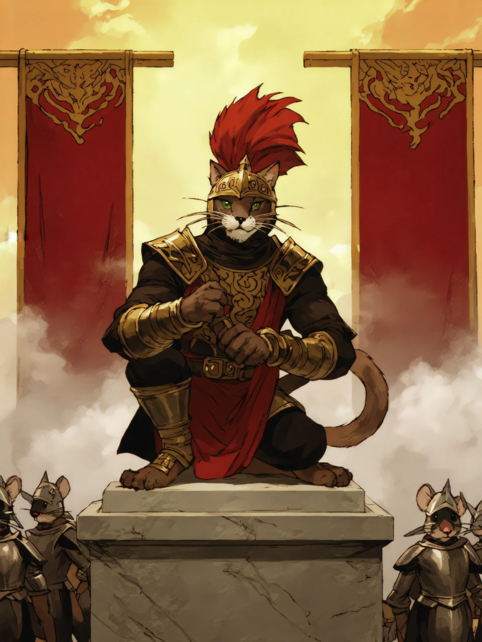 art by akihiko yoshida, A majestic cat sits proudly on a marble pedestal in an ancient Roman courtyard, bathed in golden sunlight. It wears a centurion helmet with a crimson plume, exuding a commanding presence. Its emerald-green eyes gleam with fierce intelligence, and its helmet is intricately decorated with Roman insignia. Mist rises from the ground, casting an ethereal glow, while red and gold banners wave softly in the background. Tiny helmeted mice gather around in reverence, honoring their legendary feline leader, capturing the grandeur and mystery of ancient Rome