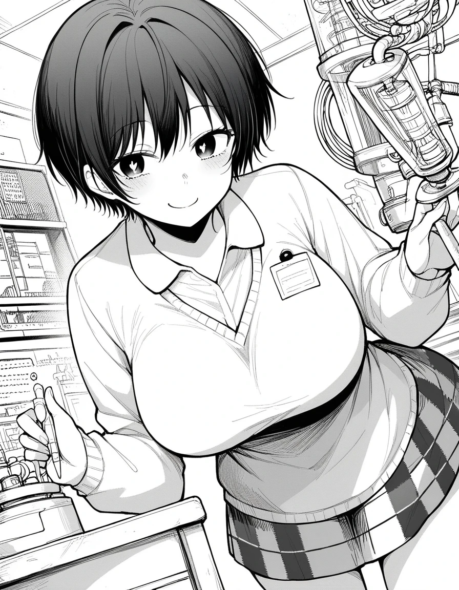 score_9, score_8_up, score_7_up, source_anime, <lora:tsubomi-haruno-manga-ponyxl-lora-nochekaiser:1>, tsubomi haruno, short hair, bright pupils, large breasts, monochrome, greyscale,, skirt, plaid, plaid skirt, sweater, long sleeves, shirt, white shirt, collared shirt,, laboratory, beakers, microscope, scientist, experiments, smile, bent over, smug,, looking at viewer, solo,, dutch angle, cowboy shot