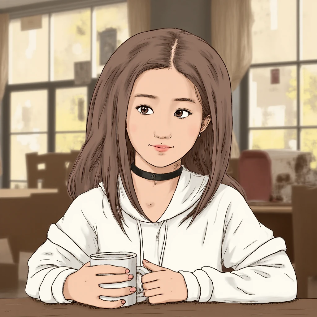 A detailed painting in the leaveastory_style depicting LYF with long, light brown hair and brown peepers, rocking a white hoodie and a black choker. She's chilling at a table in a cozy café, holding a white mug. The backdrop features a big window with soft daylight streaming in.
