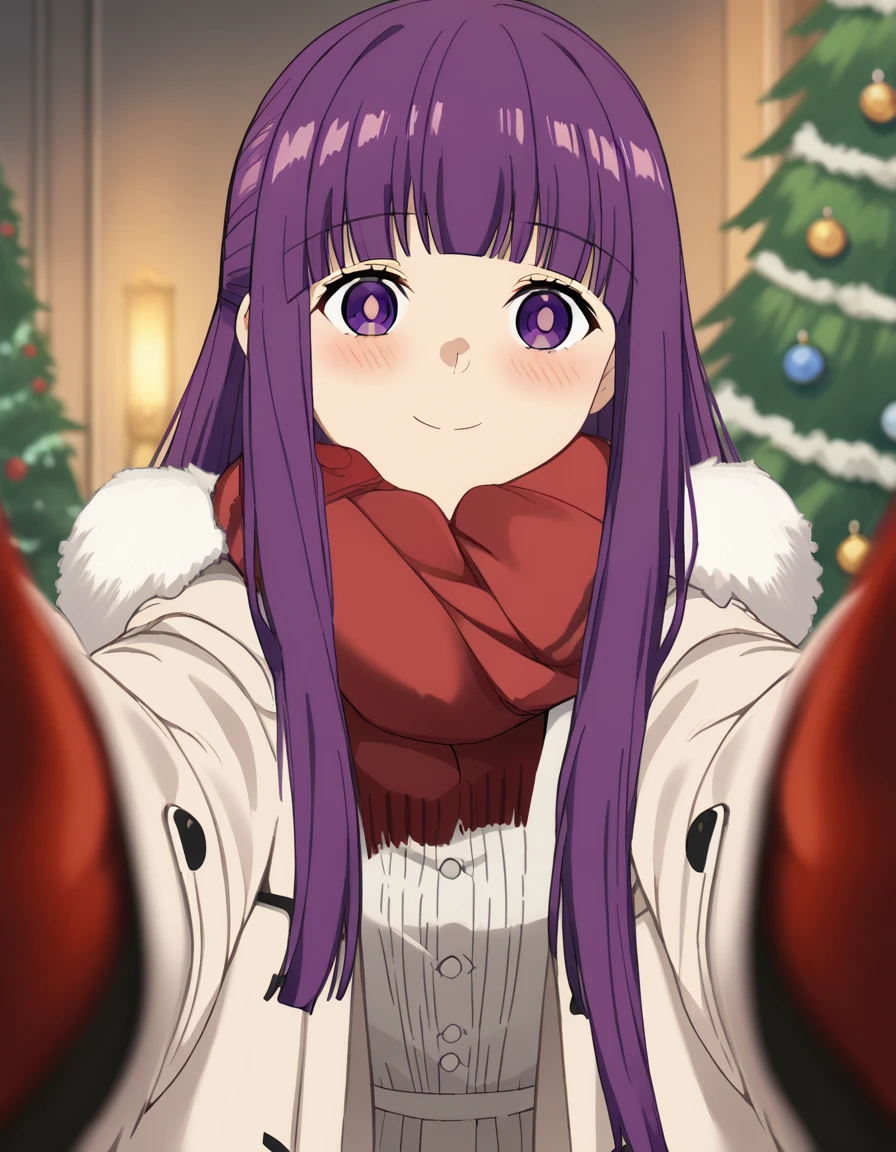 score_9, score_8_up, score_7_up, source_anime, <lora:fern-s1-v2-ponyxl-lora-nochekaiser:1>, fern, long hair, bangs, purple eyes, purple hair, sidelocks, blunt bangs, bright pupils, half updo, large breasts, anime screencap, <lora:pov-cheek-warming-ponyxl-lora-nochekaiser:1>, pov cheek warming, pov cheek warming (meme), winter gloves, duffel coat, fur-trimmed scarf, winter clothes, red mittens, meme, winter coat, red scarf, fur-trimmed coat, reaching towards viewer, reaching, mittens, fur-trimmed hood, white coat, open coat, scarf, coat, red gloves, snowing, pov, fur trim, depth of field, smile, blush,, christmas, christmas tree, christmas lights,, , dutch angle, cowboy shot