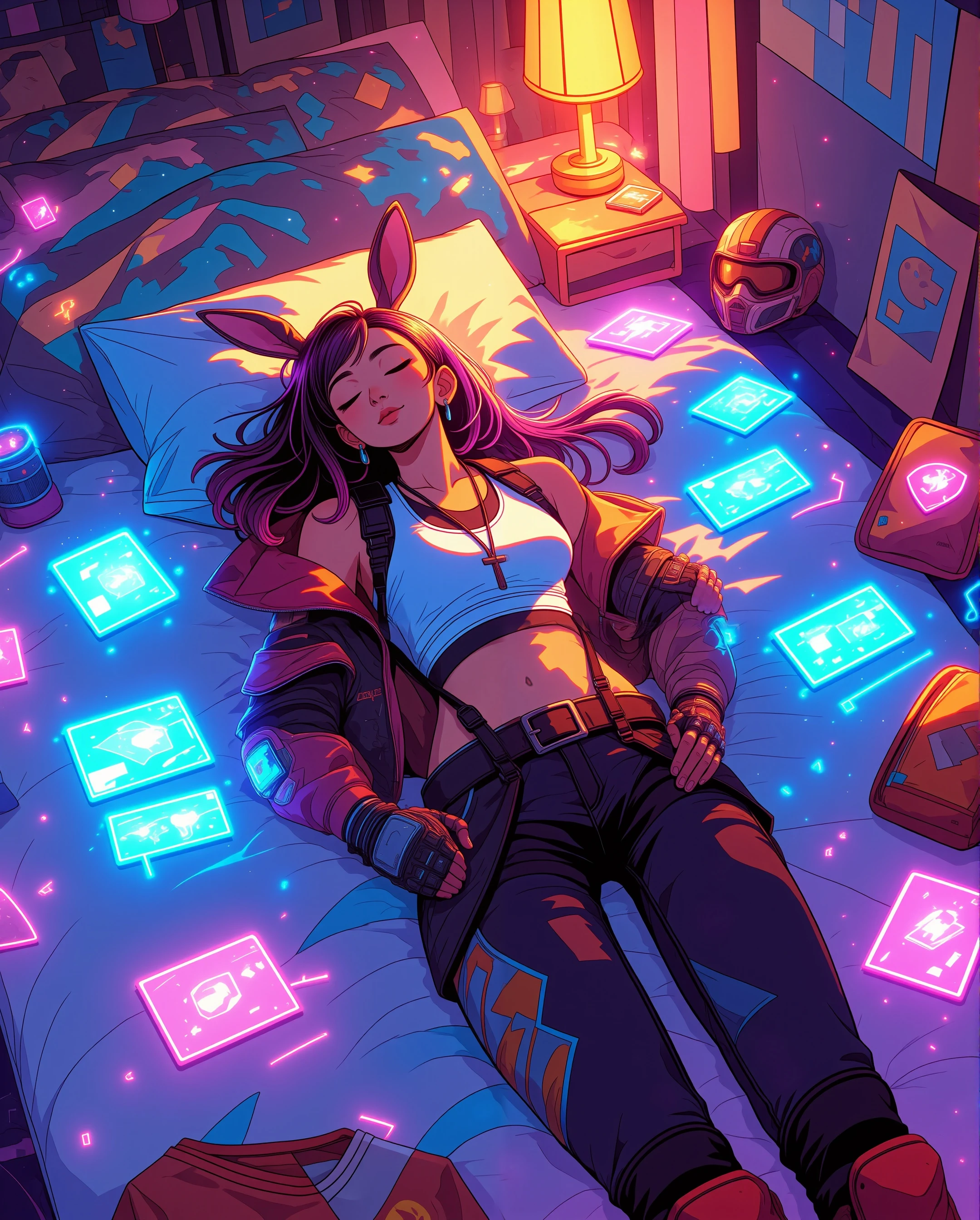 General Overview:
(((cute anime)) The image is a vibrant, futuristic illustration of a young woman ((wearing bunny ears)) lying on a bed in a cyberpunk-inspired setting. The art style is highly detailed, blending neon-infused lighting with a cozy, slightly cluttered bedroom environment. The woman’s appearance, surroundings, and atmosphere evoke strong cyberpunk and sci-fi vibes, characterized by glowing holographic screens, vivid neon colors, and a sense of technology intertwined with everyday life. The use of contrasting warm and cool lighting gives the artwork both a relaxed and electrifying feel.

The Subject – Young Woman:
Pose:

The young woman is lying on her back on a bed with her arms relaxed at her sides. Her legs are bent slightly at the knees, and her expression is serene, as though she is resting or daydreaming. Her eyes are closed, suggesting calmness amidst the glowing chaos around her.
Clothing:

Top: She wears a snug white crop top with thin straps, exposing her midriff.
Jacket: Over the crop top, she has a stylish, futuristic leather jacket with high-tech components. The jacket has glowing blue and orange accents, resembling cybernetic or armor-like details.
Pants: Her pants are dark, tactical in style, and fitted, with vibrant patches of neon red and cyan designs decorating them.
Accessories:
A bold black belt with a metallic buckle cinches her waist.
She wears fingerless gloves with cybernetic designs on her hands.
A pendant necklace hangs around her neck, completing her futuristic, casual look.
Appearance:

She has long, wavy purple hair that cascades onto the pillow and across the bed, adding to the dreamlike quality of the scene. The hair is highlighted with streaks of pink and indigo.
Her facial features are soft and relaxed, with a calm demeanor. Her lips are slightly parted, and her face looks illuminated by the glow of the neon screens around her.
Her skin tone appears smooth and warm, enhanced by the interplay of the lighting.
The Environment – Cyberpunk Bedroom:
The young woman is situated in a small, cozy bedroom that feels lived-in yet futuristic. It’s a mix of personal space and high-tech wonder, combining traditional comfort with cyberpunk aesthetics.

The Bed:

The bed itself is covered in soft, slightly wrinkled blue sheets, which provide a stark contrast to the glowing holographic displays scattered across it. The pillow under her head is a darker shade of blue and partially crumpled.
Light reflections from the holographic displays give the sheets an otherworldly shimmer.
Holographic Displays:

Several glowing neon holographic screens are scattered across the bed and surrounding area. These screens emit bright shades of cyan, magenta, and orange light, adding a dynamic and technological ambiance to the room.
The screens display indecipherable data, abstract symbols, and faint, futuristic schematics, suggesting they are part of some advanced technology or interface.
One screen, in particular, is close to her hand, as if she was interacting with it before drifting into rest.
Lighting:

The room is bathed in a blend of warm and cool lighting.
Warm Light: A bedside lamp to the right emits a golden-yellow glow, casting warmth on the bed and the woman’s upper body.
Cool Light: The holographic screens radiate vivid neon blue and magenta tones, creating a stark contrast against the warm glow of the lamp. The cool light reflects off the surfaces of the bed, the woman’s clothes, and her hair, producing a cyberpunk aesthetic.
Surrounding Details:

On the bedside table, there’s a glowing orange lamp with a futuristic design. The lamp casts soft shadows and illuminates the nearby wall and pillow.
Scattered personal items are visible, such as a small glowing device on the floor, a partially visible helmet or cybernetic mask, and some clothing or gear tucked into the corner of the bed. These items reinforce the futuristic, tech-heavy vibe of the room.
The background wall, partially visible, has posters and faint graffiti-like markings, suggesting a young and rebellious personality. The wall’s colors are muted, contrasting with the vibrant light in the foreground.
Color Palette and Lighting Dynamics:
The image is dominated by neon blues, pinks, and purples, which are balanced by touches of warm yellows and oranges.
The lighting effects are a major highlight:
Soft Reflections: The neon light bounces off the sheets, the woman’s skin, and her clothes, creating a glowing, ethereal effect.
Contrast: Warm and cool lighting interact to form visual harmony, with the lamp’s golden light softening the sharp, vibrant hues of the neon displays.
Ambient Glow: Small light particles and glowing specks are scattered across the scene, enhancing its dreamlike, cyberpunk quality.
Artistic Style:
The art is executed in a modern, semi-realistic style with heavy influence from cyberpunk and sci-fi themes. The detailing is sharp, with smooth shading and highlights that give depth to the scene. The use of glow effects, reflective surfaces, and intricate patterns on the clothing and technology creates a dynamic and immersive visual experience.

Attention to Detail:

The woman’s hair has individual strands and highlights.
The jacket and pants feature intricate patterns and futuristic designs.
Holographic screens include abstract symbols, data streams, and faint textures.
Mood and Atmosphere:

The atmosphere is a mix of serene and futuristic, suggesting a moment of rest in a fast-paced, technology-driven world.
Despite the glowing neon chaos, the woman’s peaceful expression and body language convey calm and comfort.
Storytelling:

The scene subtly tells a story of a tech-savvy character who exists in a high-tech world. The screens and cybernetic outfit suggest she might be a hacker, a rebel, or someone deeply involved with technology.
Her rest on the bed implies that she has paused to take a breath, finding comfort amidst the technological noise.
Summary:
This detailed, cyberpunk-inspired artwork beautifully blends futuristic aesthetics with a serene atmosphere. The young woman, dressed in high-tech fashion and surrounded by glowing holographic screens, lies on a cozy bed illuminated by vibrant neon lights. The interplay between warm and cool lighting creates a visually striking composition, while intricate details in her appearance and environment suggest a deeper story about her life in a technology-driven world. The artwork successfully captures the essence of cyberpunk culture—technology, rebellion, and beauty—in a single captivating moment.