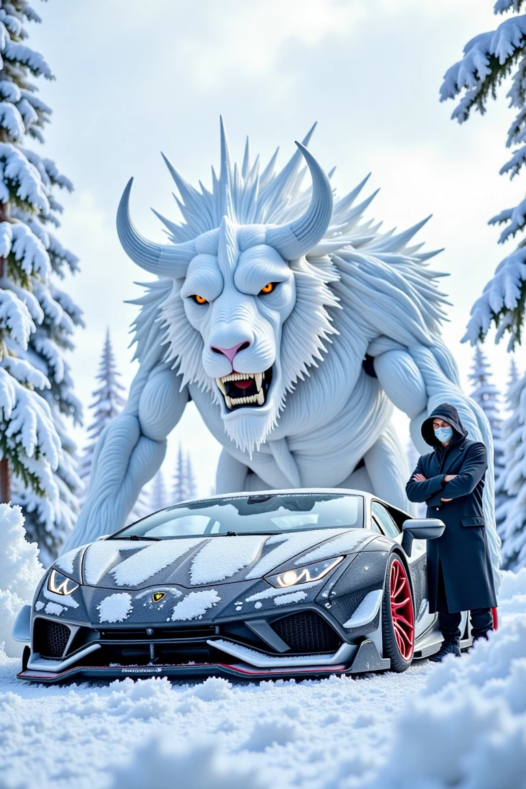 In a whimsical winter wonderland scene, a sleek Lamborghini Aventador SVJ is transformed into a majestic beast, its gleaming carbon fiber body covered in intricate snow-crystal formations. The camera frames the vehicle from a low angle, emphasizing its powerful stance amidst a backdrop of frosted trees and a pale blue sky. D2j3m0x, an enigmatic figure, stands beside the vehicle, arms crossed, as if guarding this fantastical zoological wonderland.