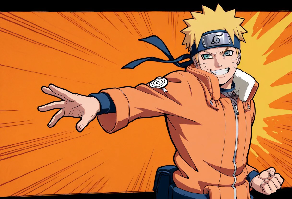 BLSplash,Naruto Uzumaki, Smug, Grin, Orange jumpsuit, Dynamic Pose, Hero Crouch