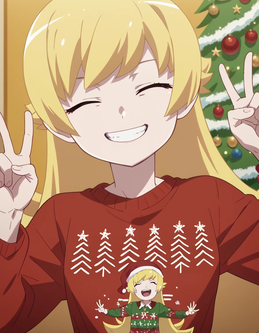 score_9, score_8_up, score_7_up, source_anime, <lora:shinobu-oshino-offmonster-ponyxl-lora-nochekaiser:1>, shinobu oshino, long hair, blonde hair, anime screencap, <lora:christmas-sweater-ponyxl-lora-nochekaiser:1>, christmas sweater, christmas, ugly sweater, print sweater, red sweater, christmas tree, christmas ornaments, sweater, multicolored sweater, , v, smile, hands up, teeth, closed eyes, cowboy shot,, , dutch angle, cowboy shot