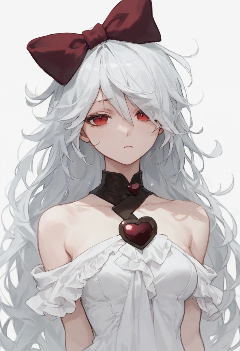 score_9, score_8_up, score_7_up, sinestrea, 1girl, white hair, bare shoulders, white dress, frown hair bow, long hair, heart brooch, medium breasts, hair bow, ribbon, red eyes,