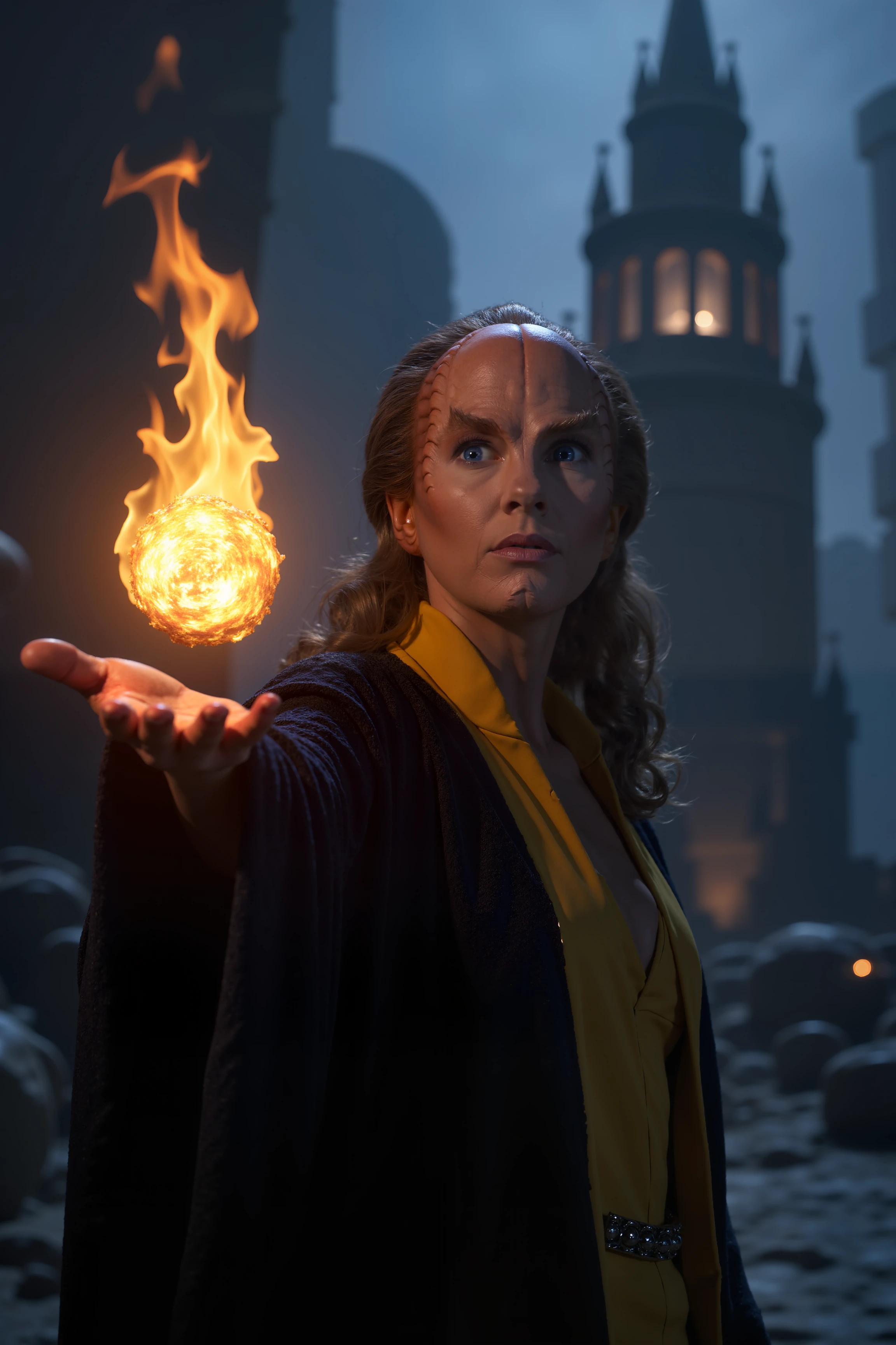 a denobulan woman with thin ridged face and deep blue eyes is extending her left hand with palm open near a mage tower dressed in black and yellow mage robe. A fireball is hovering over her left hand. Fantastic lighting. Detailed shadows.intricate details, vivid colors, hyper-detailed, ultra-sharp<lora:denobulan_FLUX>