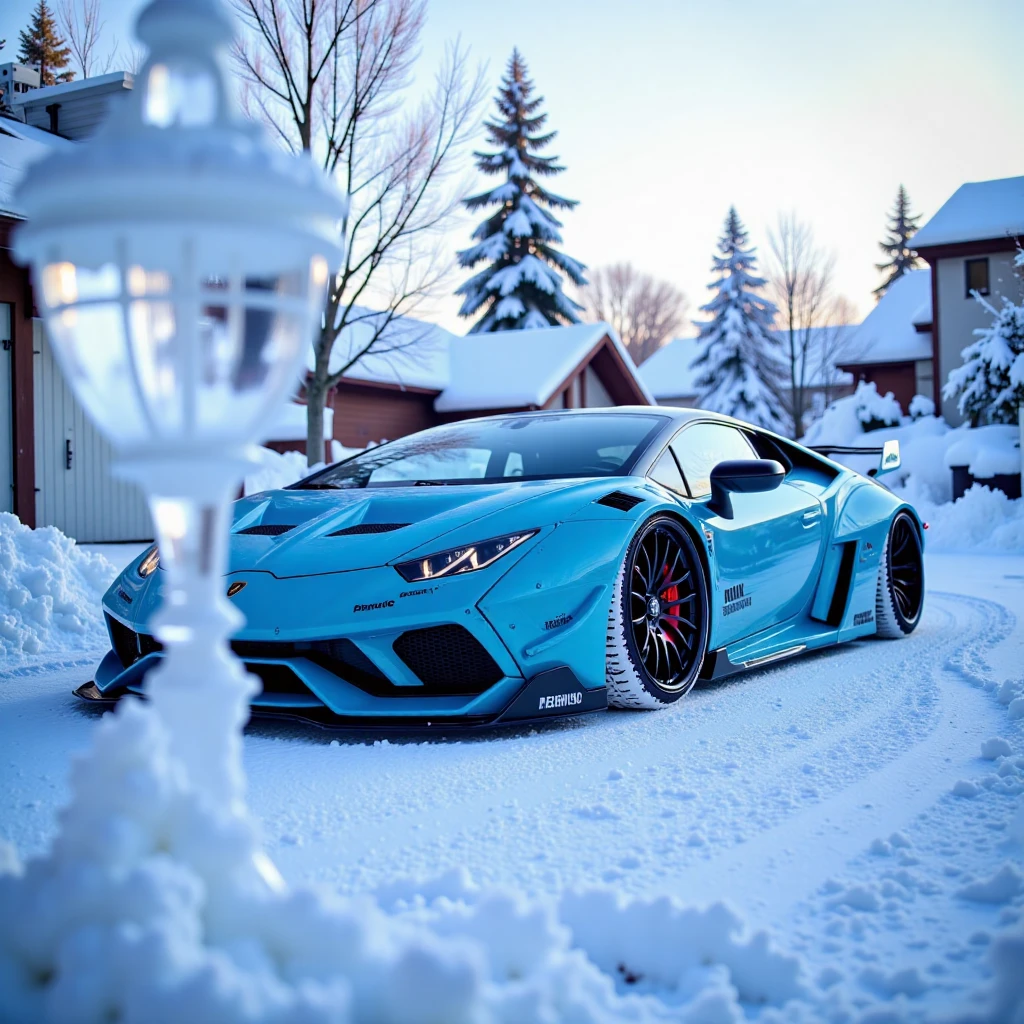 A gleaming Lamborghini majestically situated amidst a winter wonderland, snow-covered trees gently swaying in the background. The car's tires slightly powdered, delicate snow crystals suspended around it as if frozen in time. In the foreground, an intricate ice sculpture takes center stage, frosty beauty glistening under soft, blue-tinged light of a winter sunset.