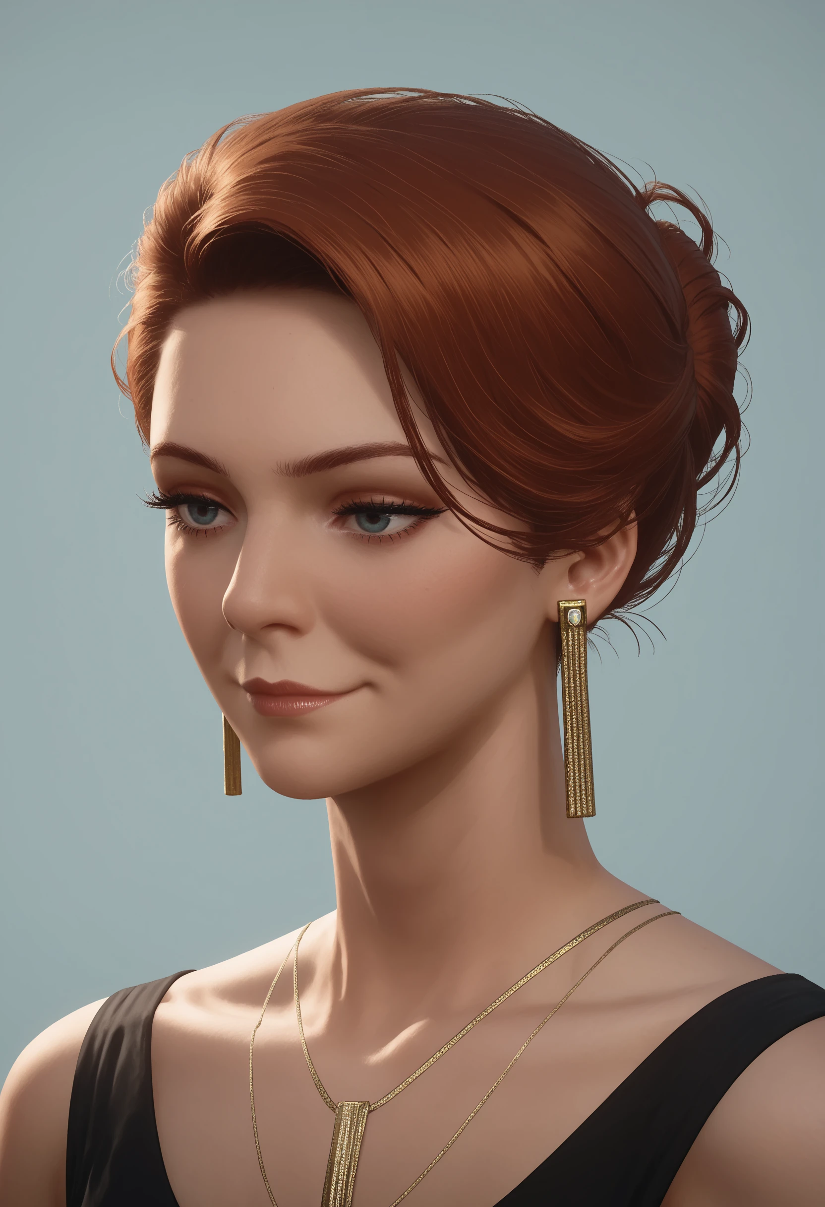 score_9, score_8_up, score_7_up, score_6_up, score_5_up, score_4_up, 1girl, <lora:DianaBurnwoodF:0.85> dianaf, red hair, hair bun, single hair bun, jewelry, earrings, necklace, elbow gloves, black dress, dress, bedroom eyes, portrait, smile, close-up, 
 light blue background, simple background,