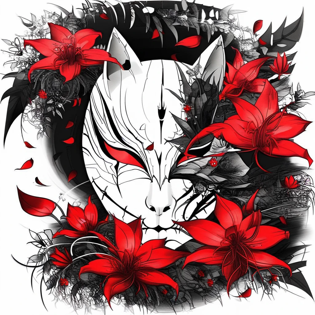 grayscalecolorpoptattooart, tattoo art design, tattoo flash art style, flower, solo, spot color, red flower, mask, petals, white background, fox mask, leaf, simple background, monochrome, white background, Grayscale with vibrant red