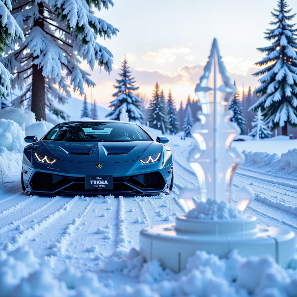 A gleaming Lamborghini majestically situated amidst a winter wonderland, snow-covered trees gently swaying in the background. The car's tires slightly powdered, delicate snow crystals suspended around it as if frozen in time. In the foreground, an intricate ice sculpture takes center stage, frosty beauty glistening under soft, blue-tinged light of a winter sunset.