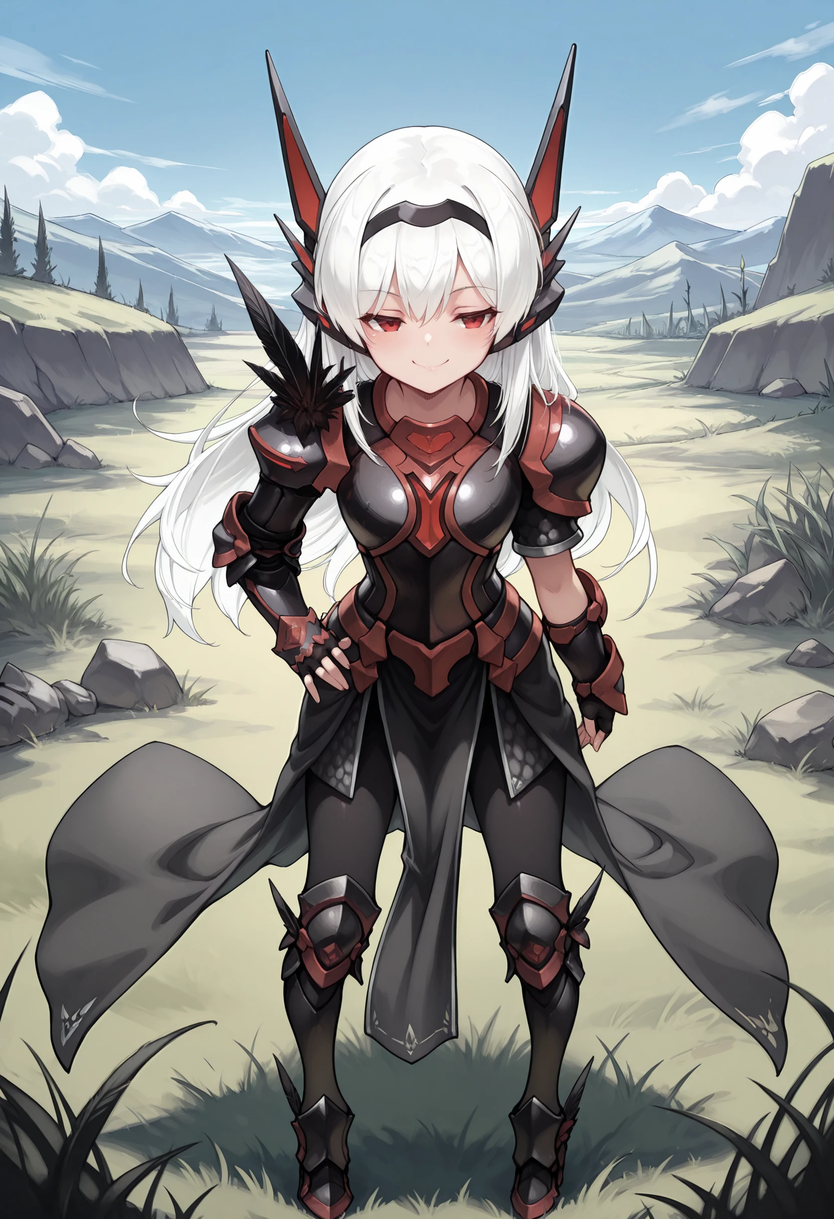 best quality, masterpiece \(quality\),
d4rkm3l, white hair, red eyes, black hairband, headgear, 
naughty face, closed mouth,
black armor, single feather pauldron, gauntlets, fingerless gloves, pelvic curtain, breastplate, leggings, 
1girl, 
standing, full body, hand on own hip, 
blue sky, grass,
<lora:faux-darkmel-mixed12-illu-came-rank128a64-lora:0.8>