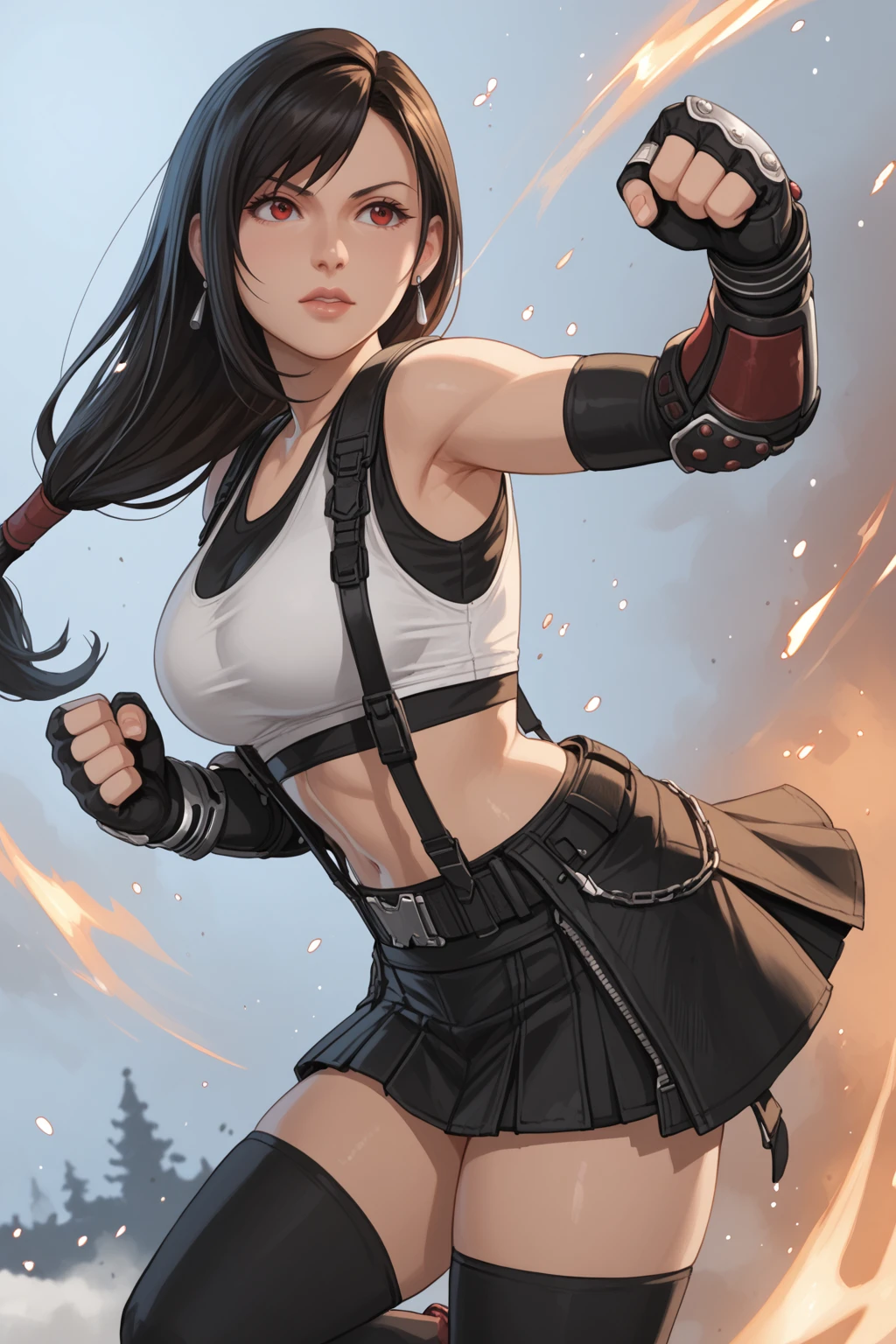 score_9, score_8_up, score_7_up, masterpiece, high quality, BREAK
<lora:Tifa LockhartPonyLora:1>tfalckhrt, OG, long hair, straight hair, low-tied long hair, swept bangs, dangle earrings, tank top, Sports bra, suspenders, bare shoulders, single arm guards, single elbow pads, elbow gloves, fingerless gloves, belt, midriff, suspender skirt, thighhighs, fighting stance, attacking pose,