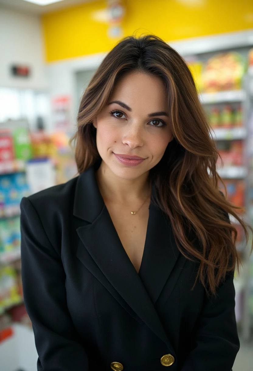 the image is a high-quality professional  close-up photograph of  beautiful danimathers  . She is wearing  business attire. She is looking directly at the viewer and smiling. The background is convenience store. This photo is a headshot. Shot with small amount of film grain