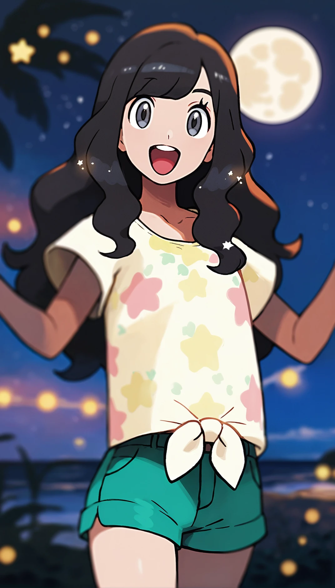 score_9,score_8_up,score_7_up,
<lora:selene:1>,eneles,
1girl,solo,
black hair,long hair,wavy hair,
grey eyes,looking at viewer,open smile,
yellow short sleeves shirt,
a tank top worn under the shirt,tied shirt,green shorts,
cowboy shot,
blurry background,vignetting,depth of field,outdoors,night,beach,starry sky,full moon,light particles,