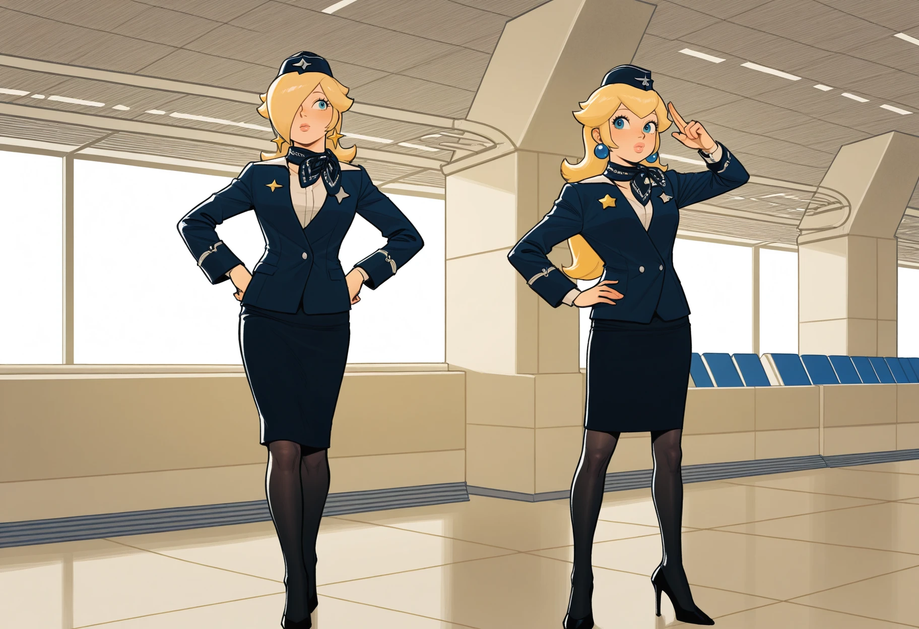 [disney|incase], 2girls, princess peach, rosalina, <lora:Outfit_Soph-Aeroflot-ILXL42:0.9> st3w4rd3ss, blue jacket, formal,  white shirt, garrison cap, blue pencil skirt, black pantyhose, high heels, standing, background airport, hands on hips, sleeve cuffs,  (two finger salute) masterpiece, best quality, very aesthetic, newest