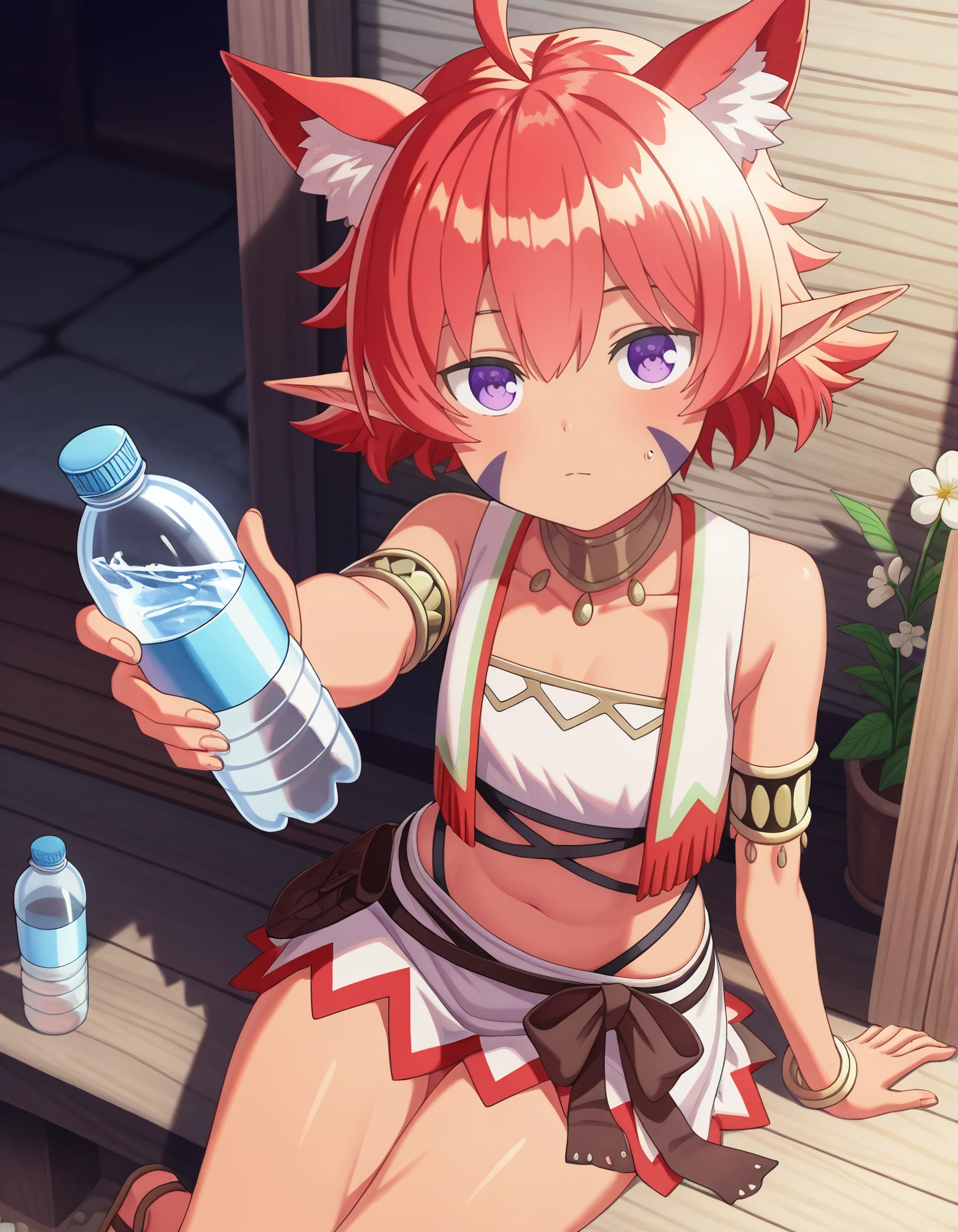 masterpiece, best quality, amazing quality,<lora:seirei_gensouki_-_alma_il:1> alma, short_hair, ahoge, red_hair, pointy_ears, facial_mark, purple_eyes, dark-skinned_female,  jewelry, armlet, vest, skirt, midriff, sandals, by_gwedo_(pinibell), reaching_towards_viewer, closed_mouth, solo, holding, bottle, sitting, animal_ears, reaching, animal_ear_fluff, flower, looking_at_viewer, fox_ears, 1girl, water_bottle, holding_bottle, thighs