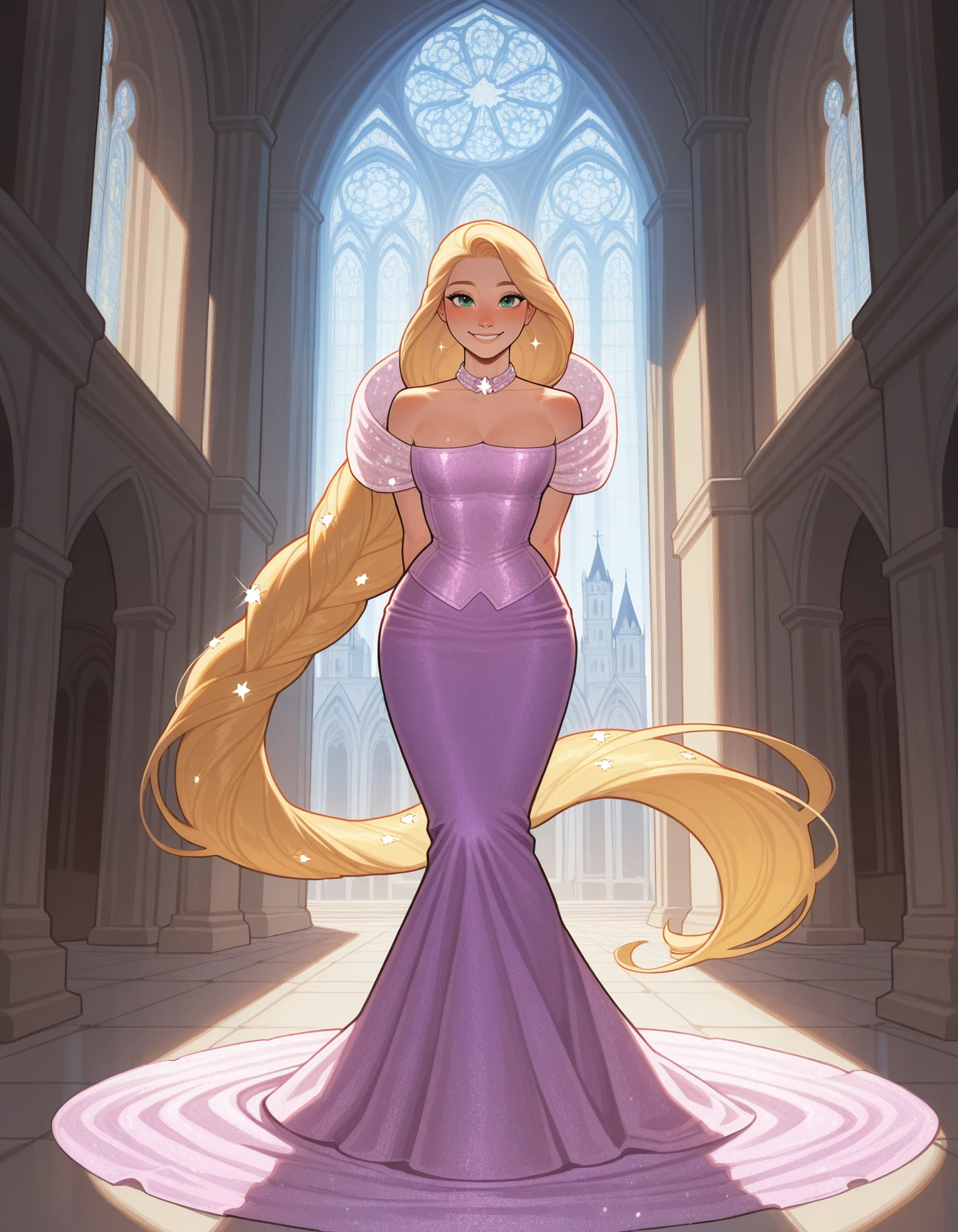 [disney|incase]  1girl, solo, rapunzel, (ethereal sparkling sequin:1.2 dress),  mermaid skirt, dr3ss, standing , cathedral, choker, <lora:Outfit_soph-SequinMermaidGown-ILXL:0.9>, arms behind back, smile, full body, masterpiece, best quality, very aesthetic, newest