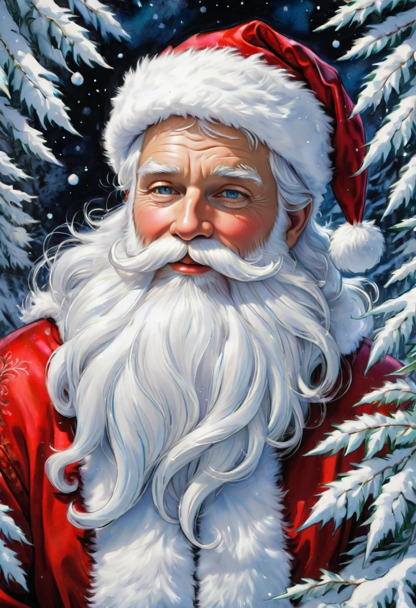 santafestivemood, picture of the charming Santa Claus enjoying the Winter Holiday Season, detailed storybook illustration, comic, anime, iridescent colors, highly detailed beautiful details, intricate and ornate, masterpiece, best quality, clean sharp outlines, extremely high contrast, (clean sharp focus:1.4), SFW