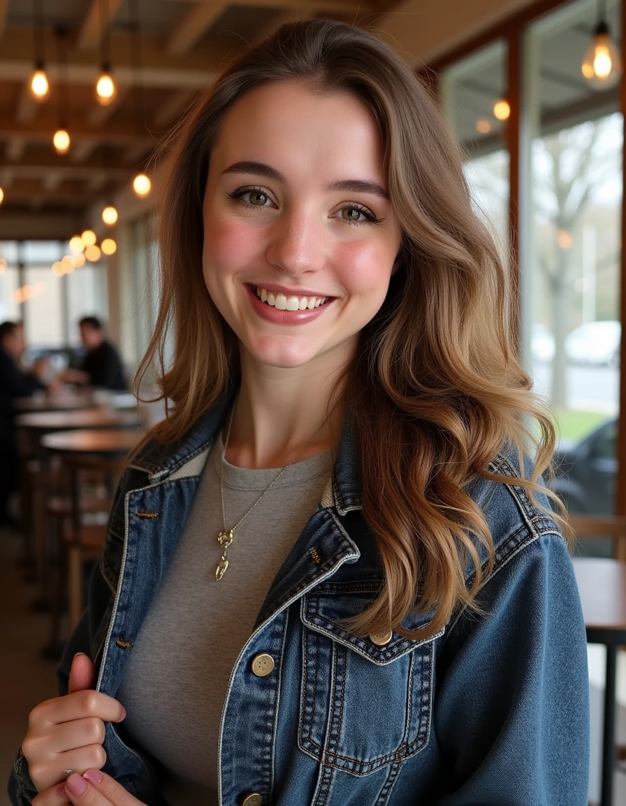 This is an image of 3L41R1D4, a beautiful detailed photograph, hair cascading, makeup, wearing casual clothes, standing in a cafe looking at the viewer, smiling, showing her teeth.