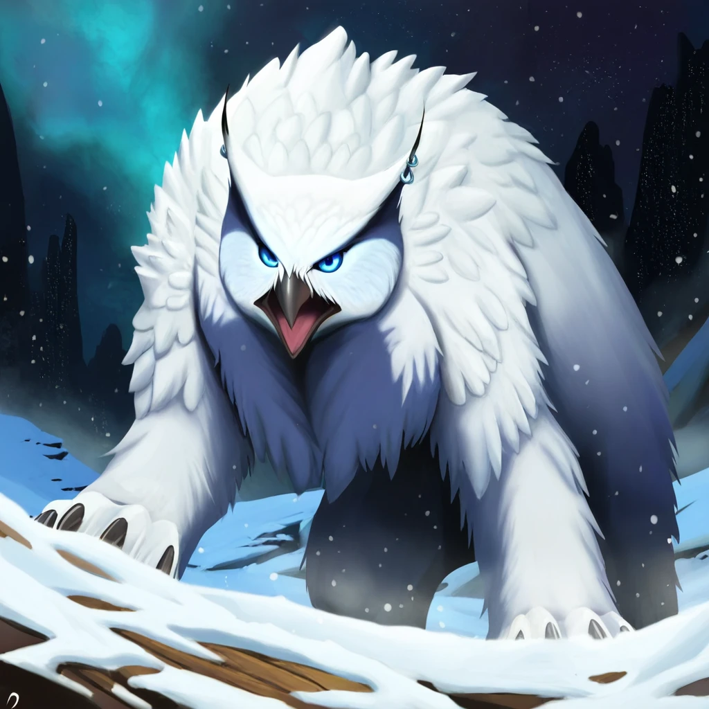 ethereal fantasy concept art of   <lora:Owlbears-illustrious:1> owlbr, anime artwork, ultra detailed textures, masterpiece, ultra defined colors, 8k, cinematic, wide-angle shot, owlbr,  owlbear creature, white and gray fur with frost tips, piercing icy blue eyes, rugged snowy mountain pass, jagged cliffs, blizzard atmosphere, snow particles, dramatic lighting, high contrast shadows, mid-range shot, fantasy tundra environment, cold color palette . magnificent, celestial, ethereal, painterly, epic, majestic, magical, fantasy art, cover art, dreamy