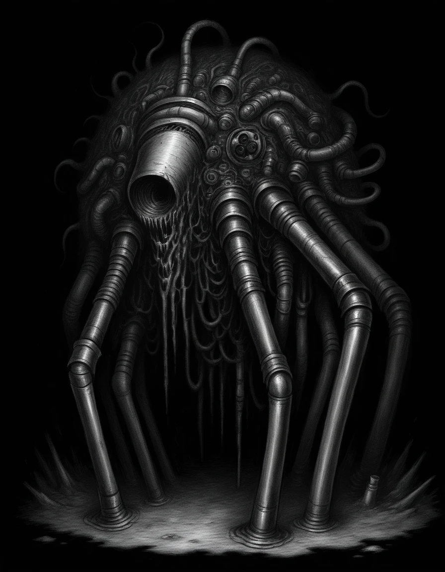 mm-style, monochrome, black background, (Rust Monster ), mechanical ,pipes and wires, horror, dark fantasy, full body, <lora:Monochrome_Monsters_IllustriousXL:0.45>