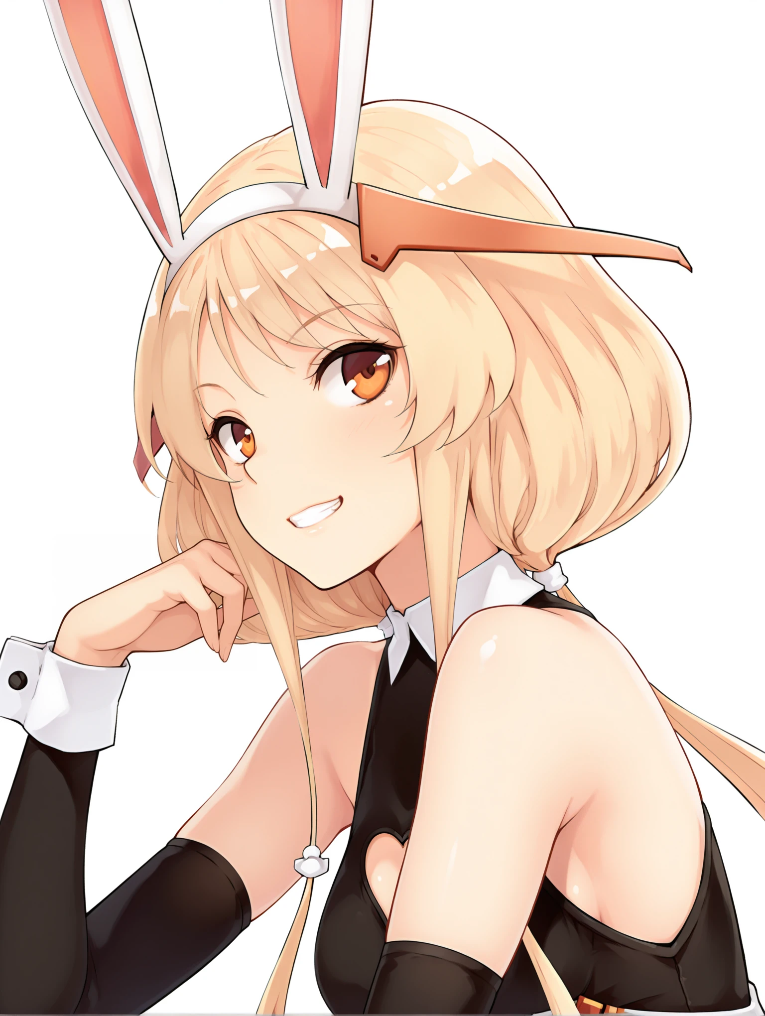 masterpiece,best quality,amazing quality,
solo,1girl,
<lora:bensen_ilxl_v1.1:1>,bensen,rabbit ears,blonde hair,hairband,low twintails,b_clothes,heart cutout,wrist cuffs,detached sleeves,
<lora:Fixhands_anime_bdsqlsz_V1:1>,grin,white_background,simple_background,profile,face_focus,bust,